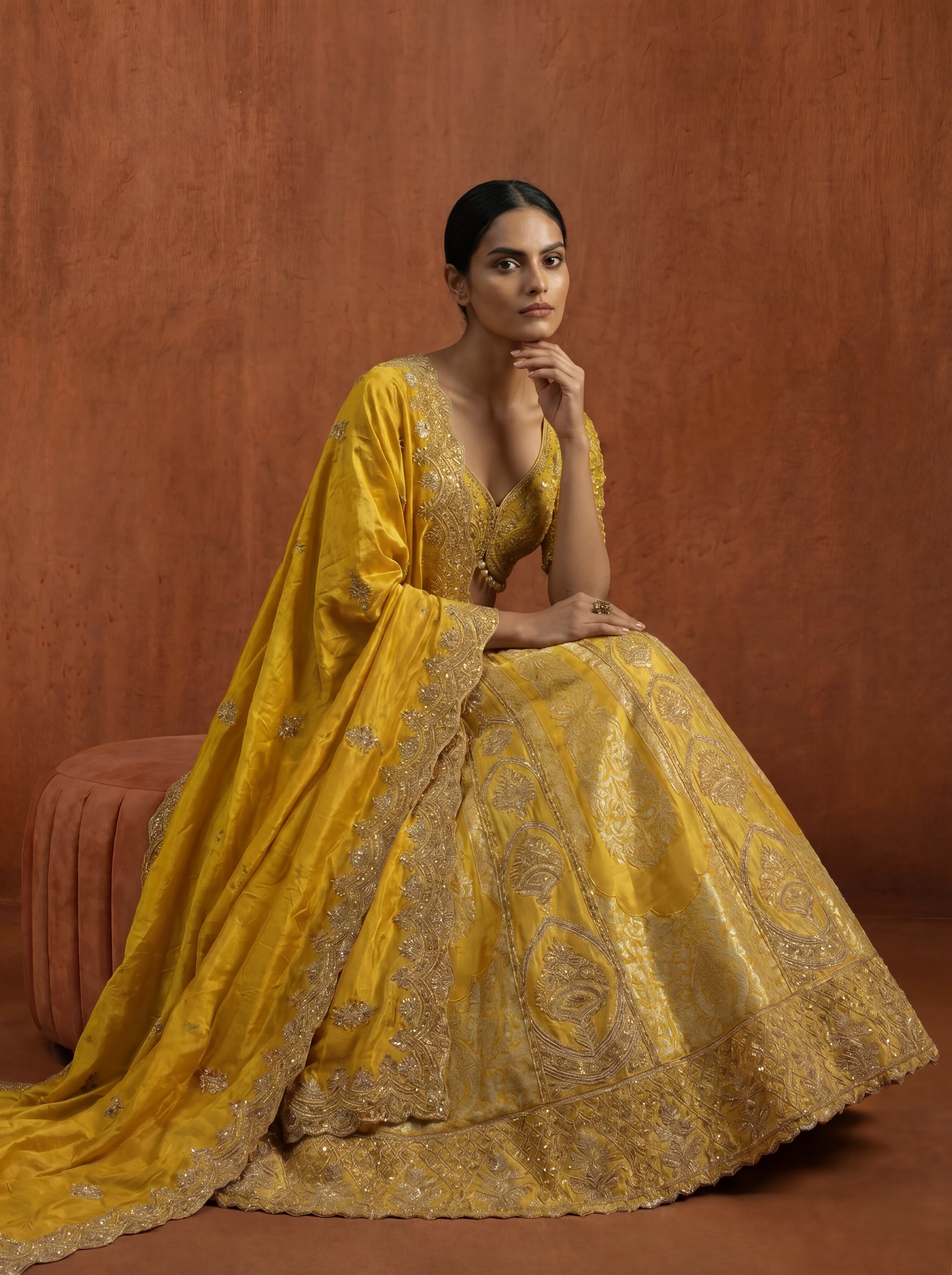 Golden Yellow Silk Jacquard Weaving Wedding Lehenga Choli Set