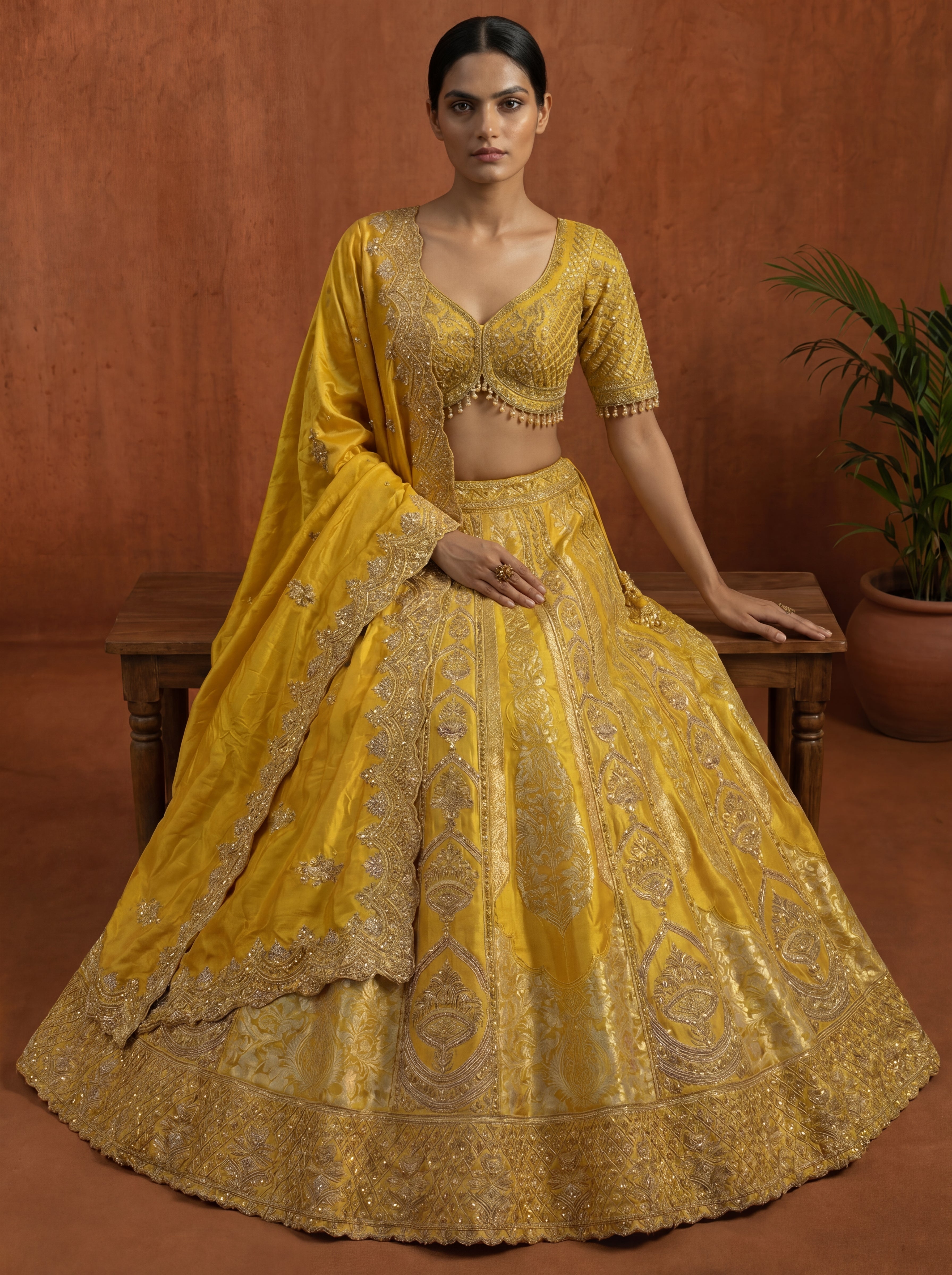 Golden Yellow Silk Jacquard Weaving Wedding Lehenga Choli Set