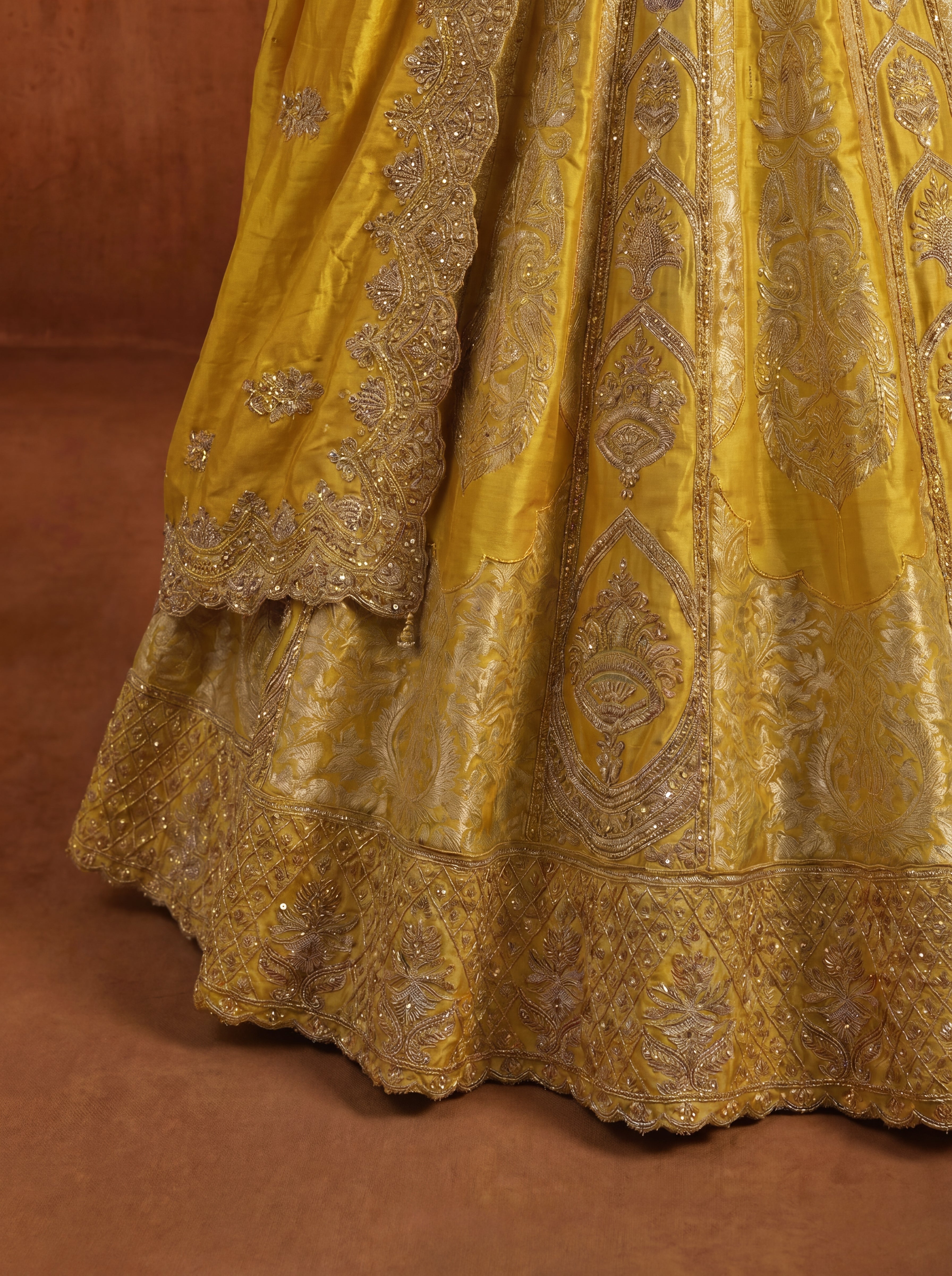 Golden Yellow Silk Jacquard Weaving Wedding Lehenga Choli Set