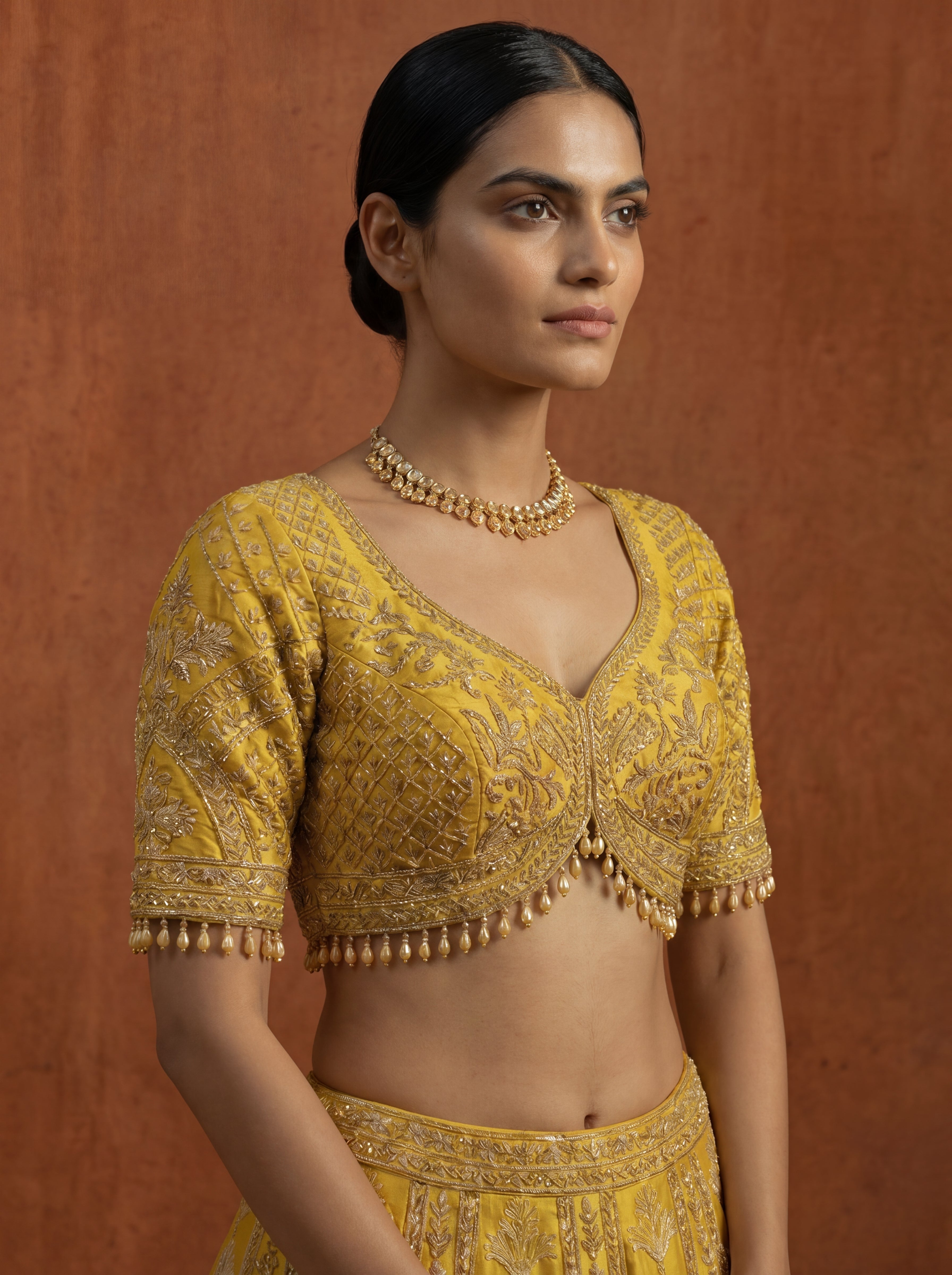 Golden Yellow Silk Jacquard Weaving Wedding Lehenga Choli Set
