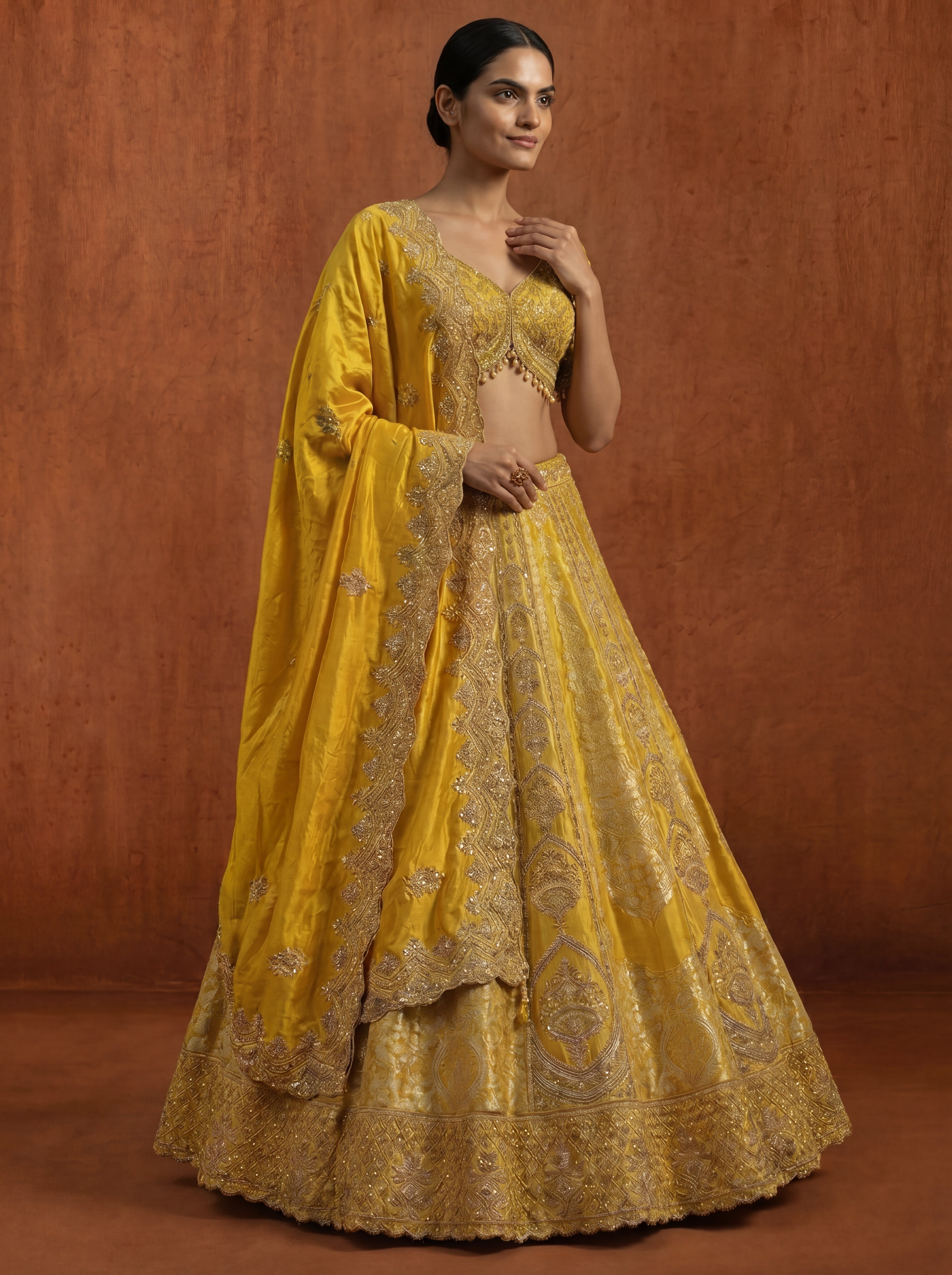 Golden Yellow Silk Jacquard Weaving Wedding Lehenga Choli Set