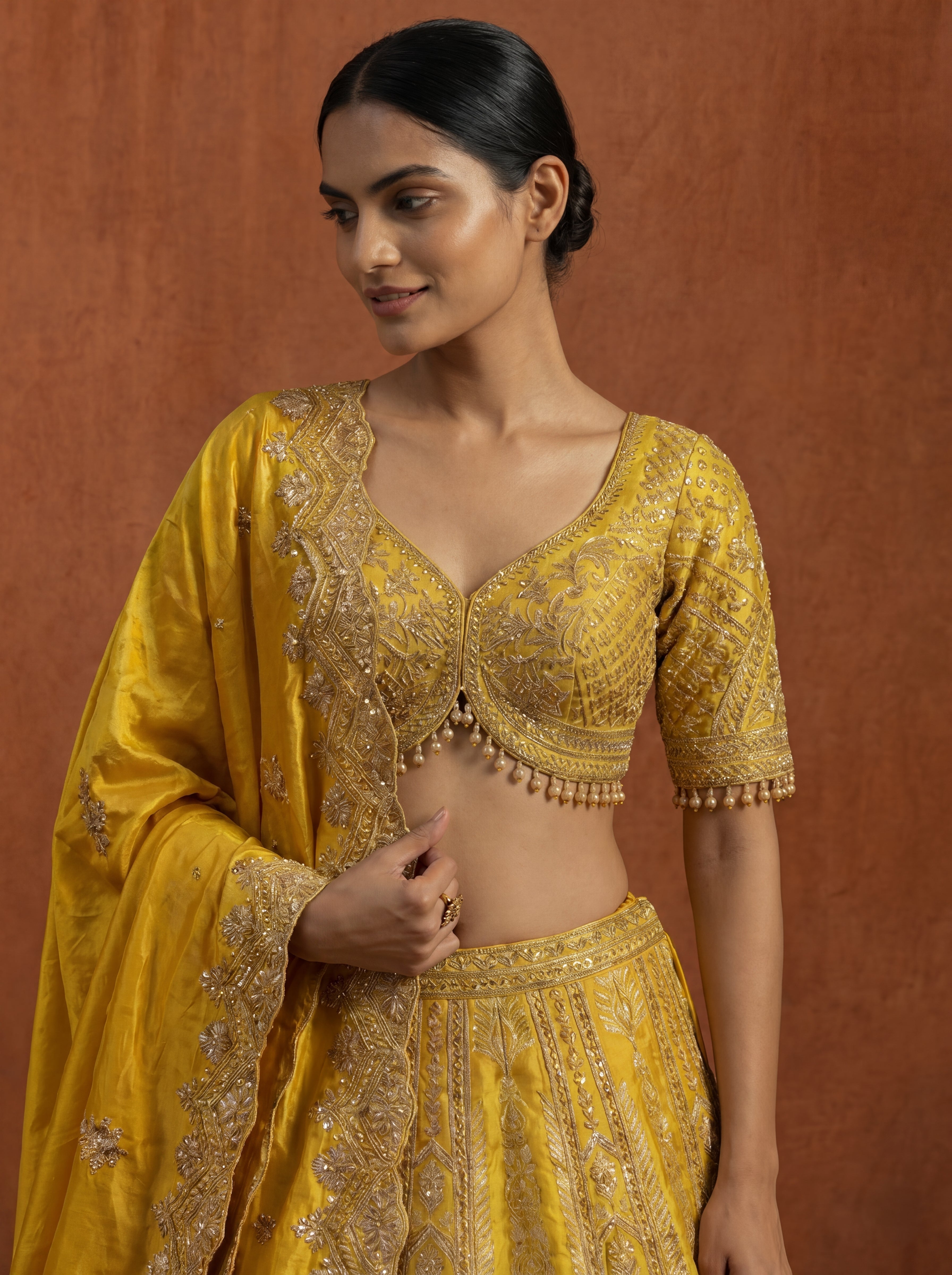 Golden Yellow Silk Jacquard Weaving Wedding Lehenga Choli Set