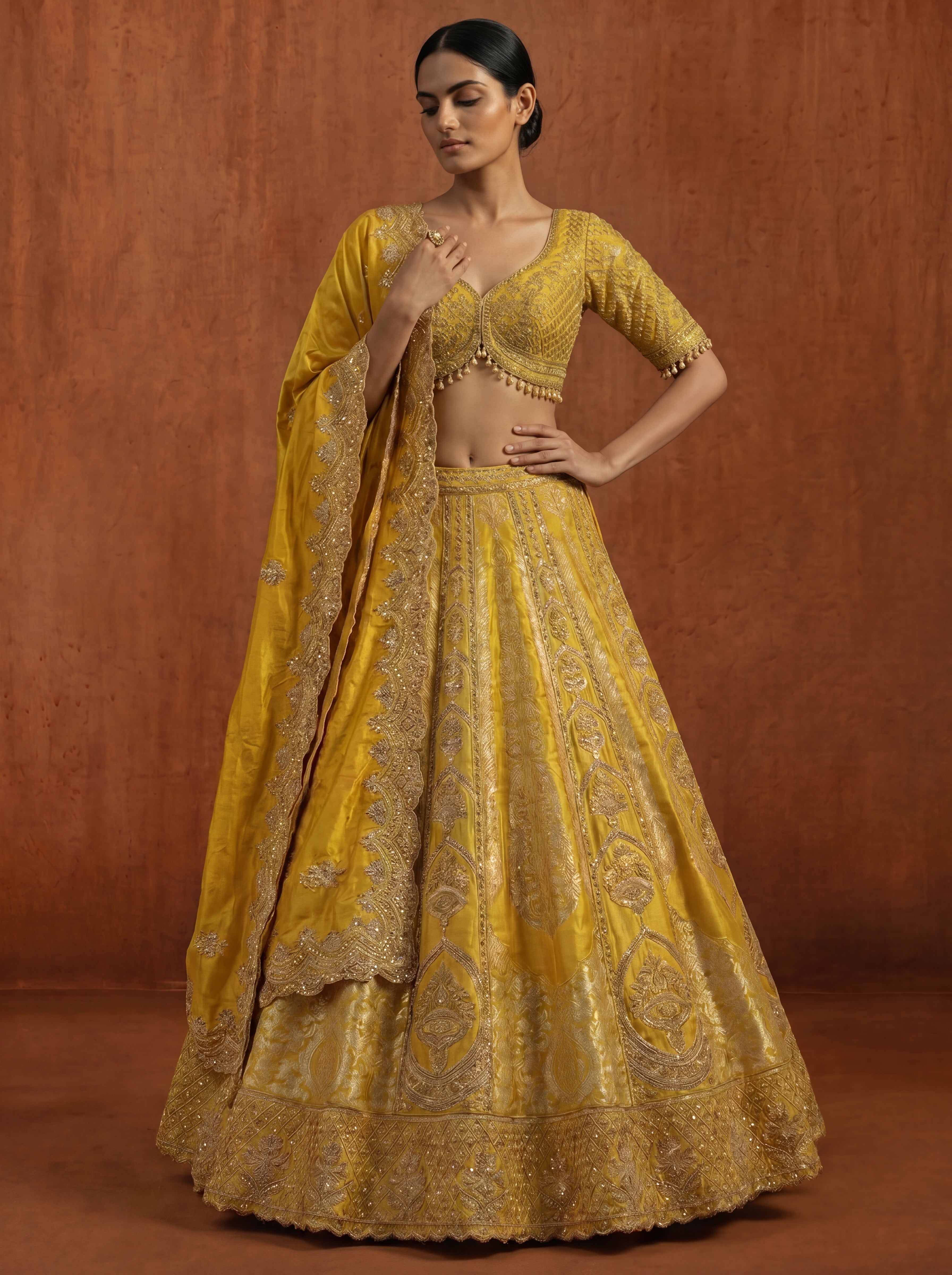 Golden Yellow Silk Jacquard Weaving Wedding Lehenga Choli Set