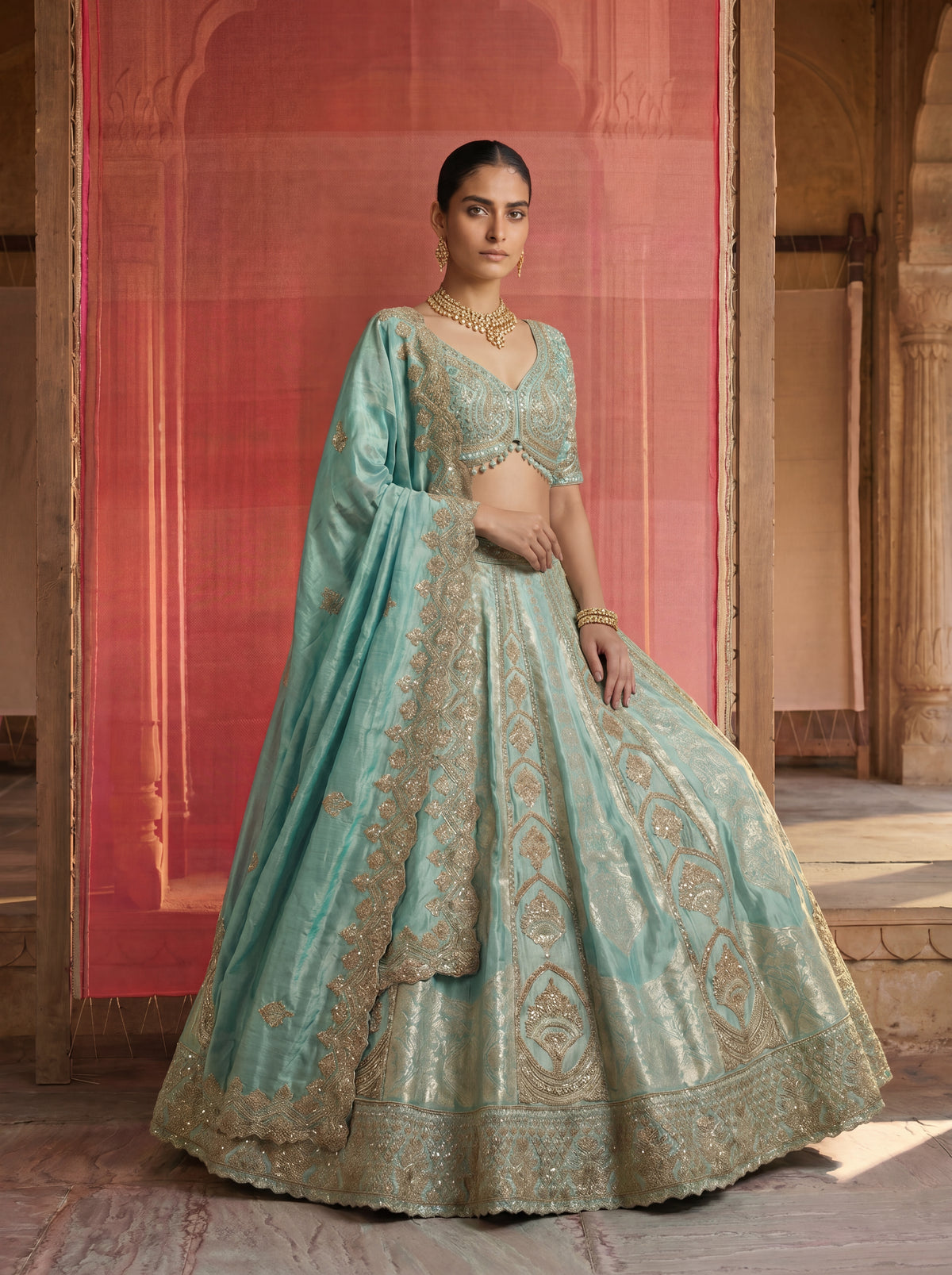 Mint Green Silk Viscose Sequins Cording Bridal Lehenga Choli