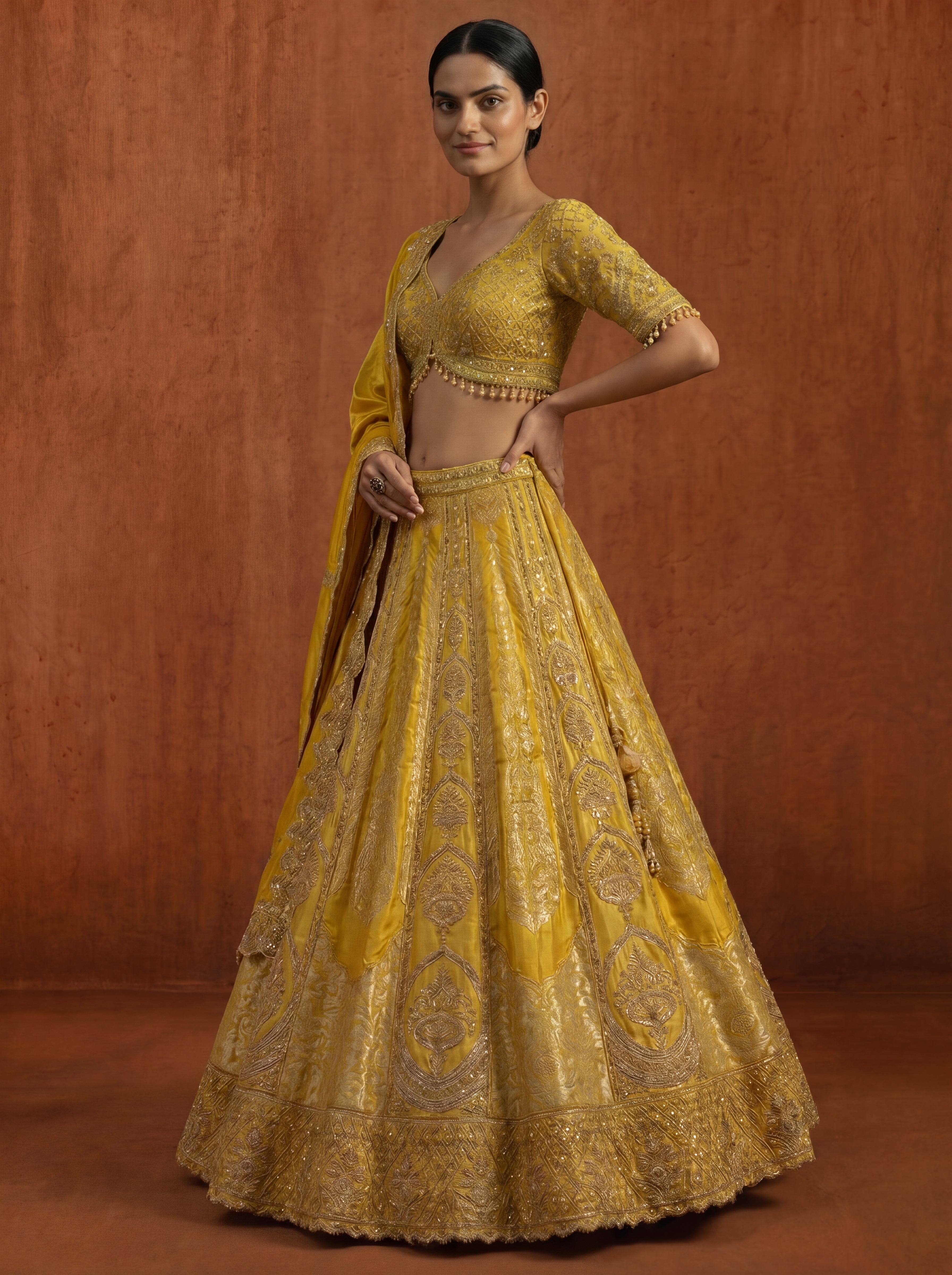 Golden Yellow Silk Jacquard Weaving Wedding Lehenga Choli Set