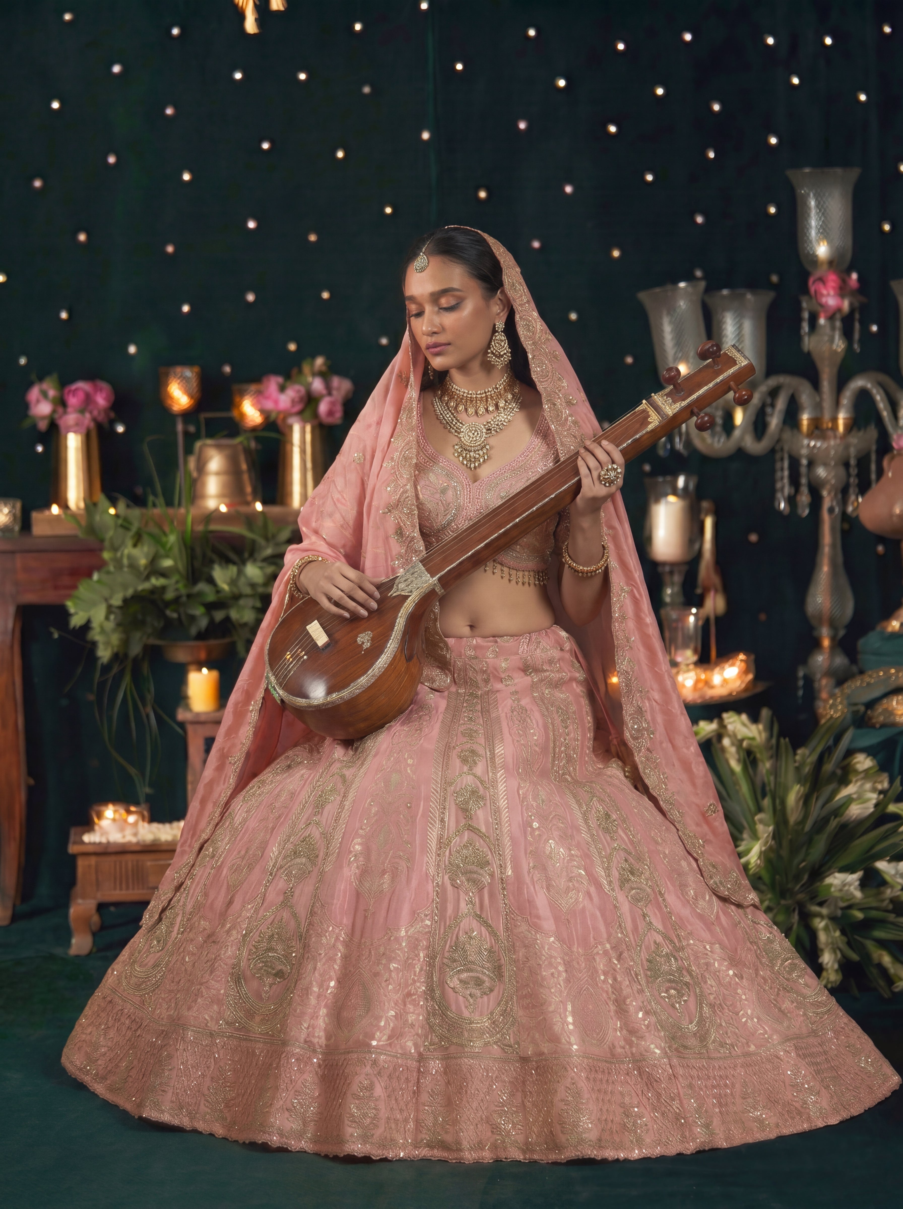 Blush Pink Silk Viscose Sequins Embroidered Bridal Lehenga Choli Set