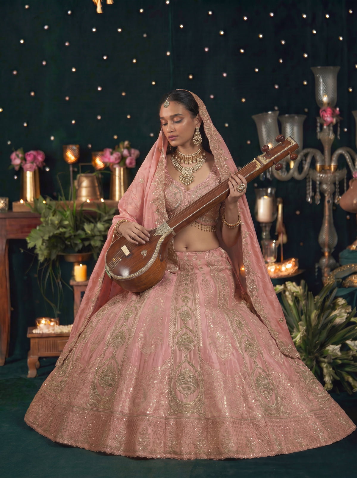 Blush Pink Silk Viscose Sequins Embroidered Bridal Lehenga Choli Set