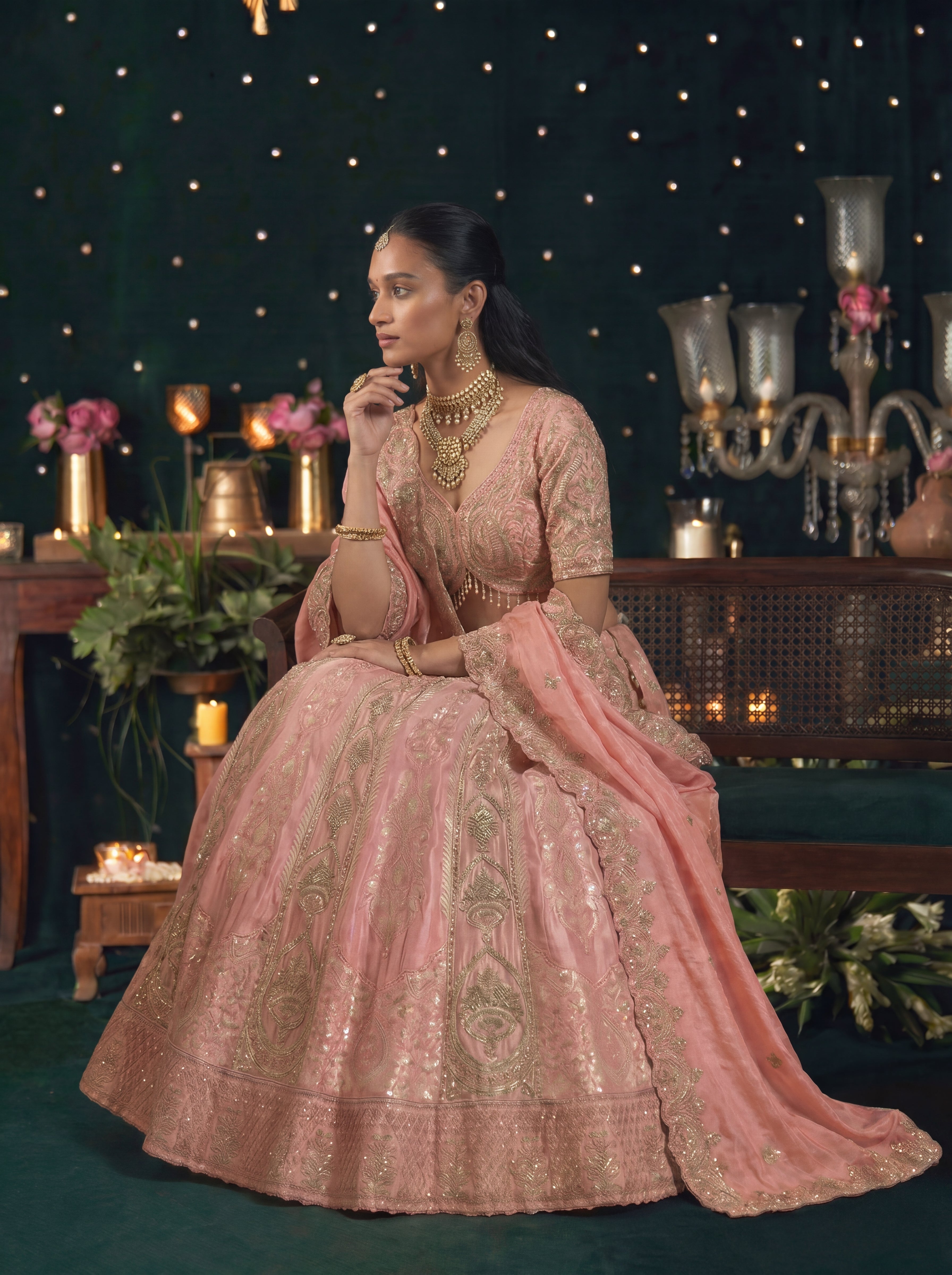 Blush Pink Silk Viscose Sequins Embroidered Bridal Lehenga Choli Set
