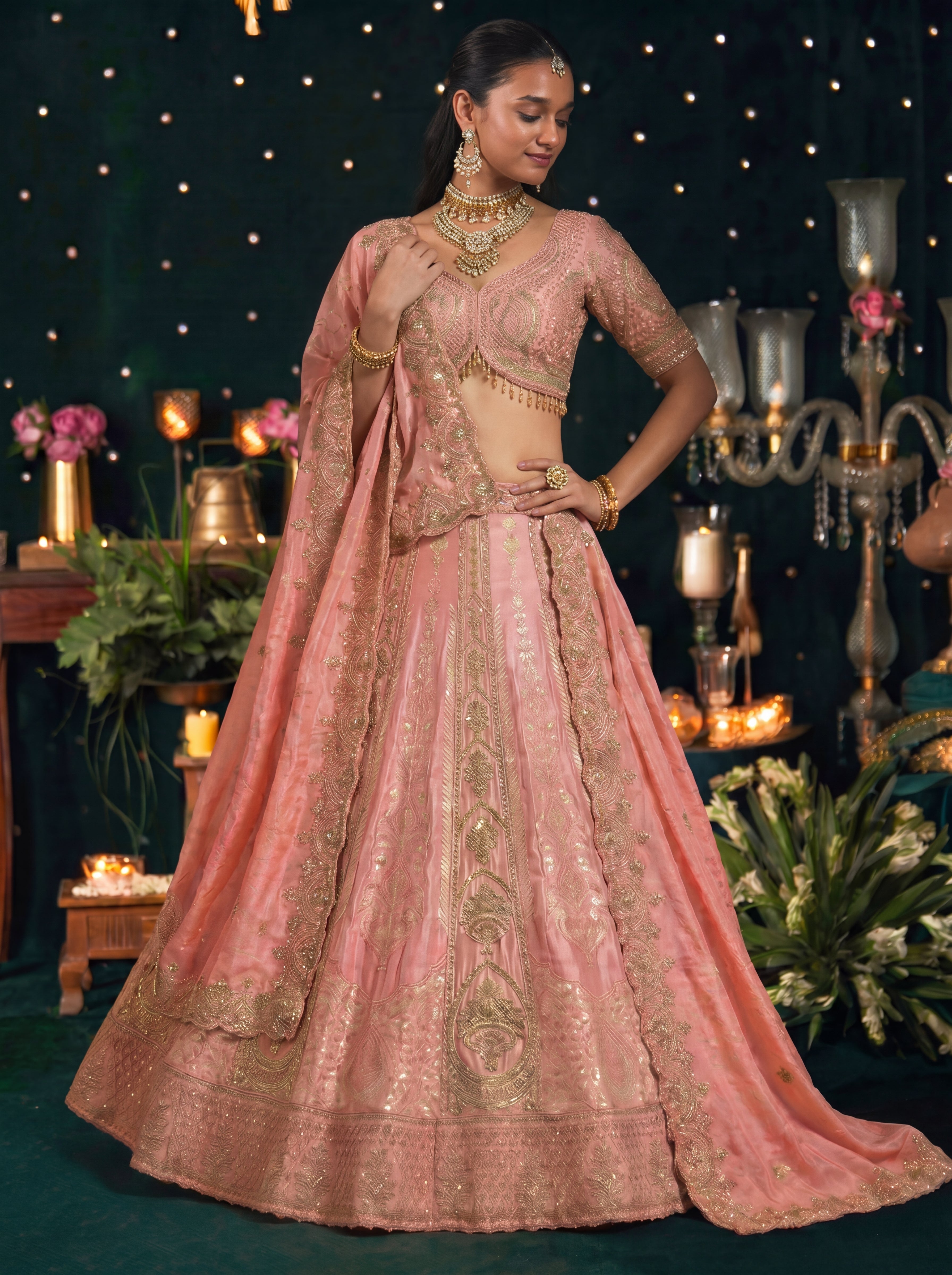 Blush Pink Silk Viscose Sequins Embroidered Bridal Lehenga Choli Set