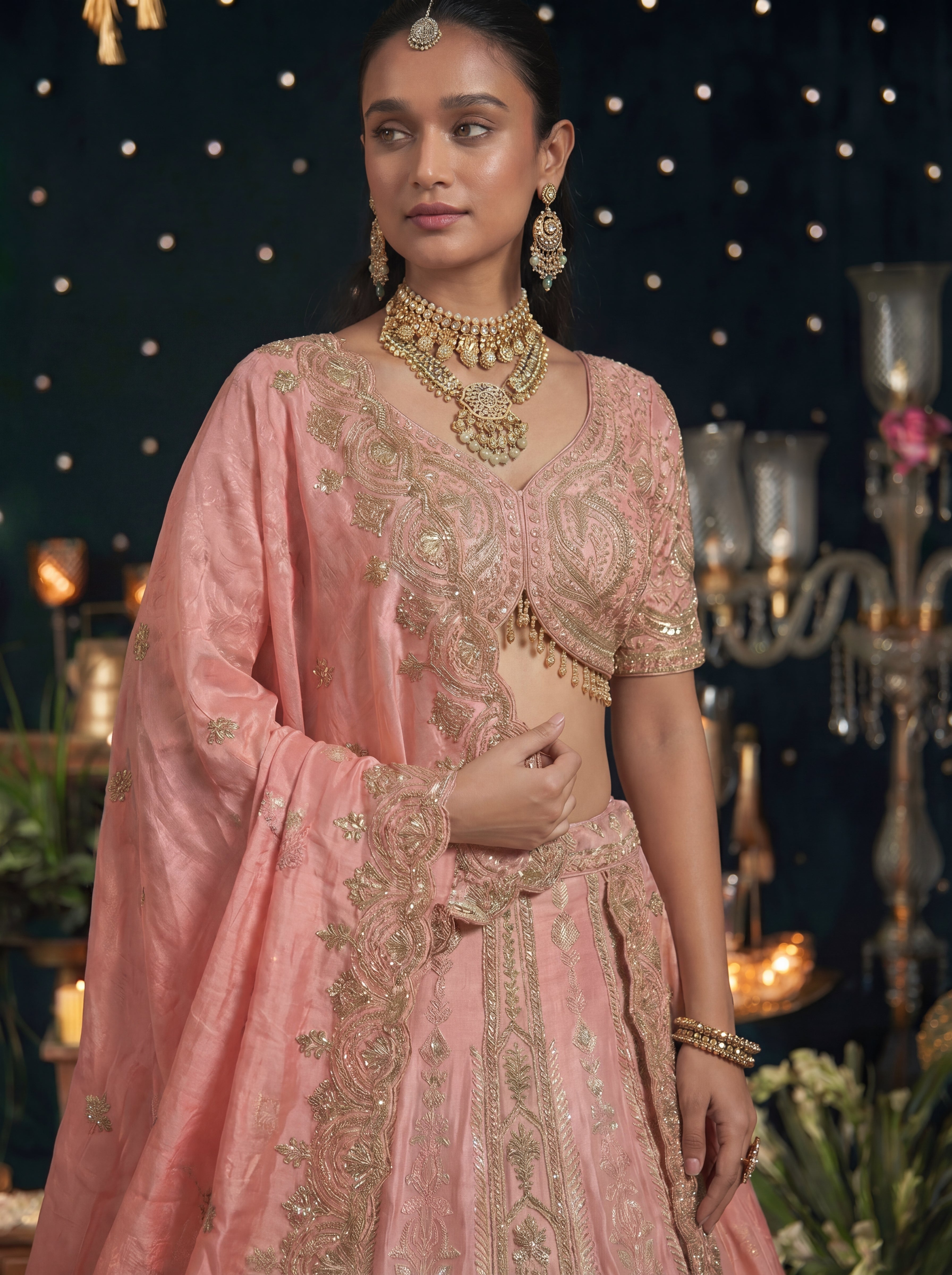 Blush Pink Silk Viscose Sequins Embroidered Bridal Lehenga Choli Set