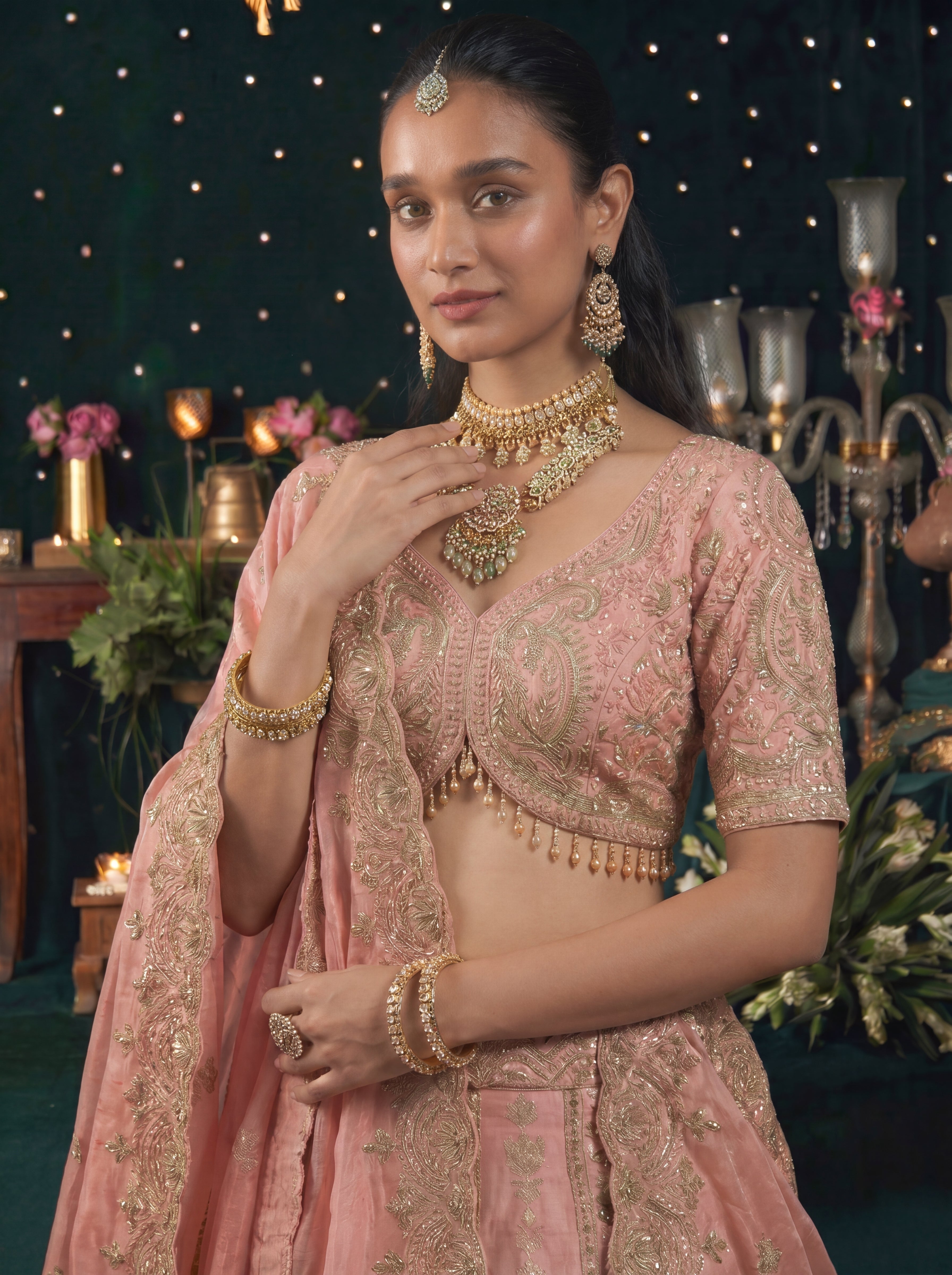 Blush Pink Silk Viscose Sequins Embroidered Bridal Lehenga Choli Set