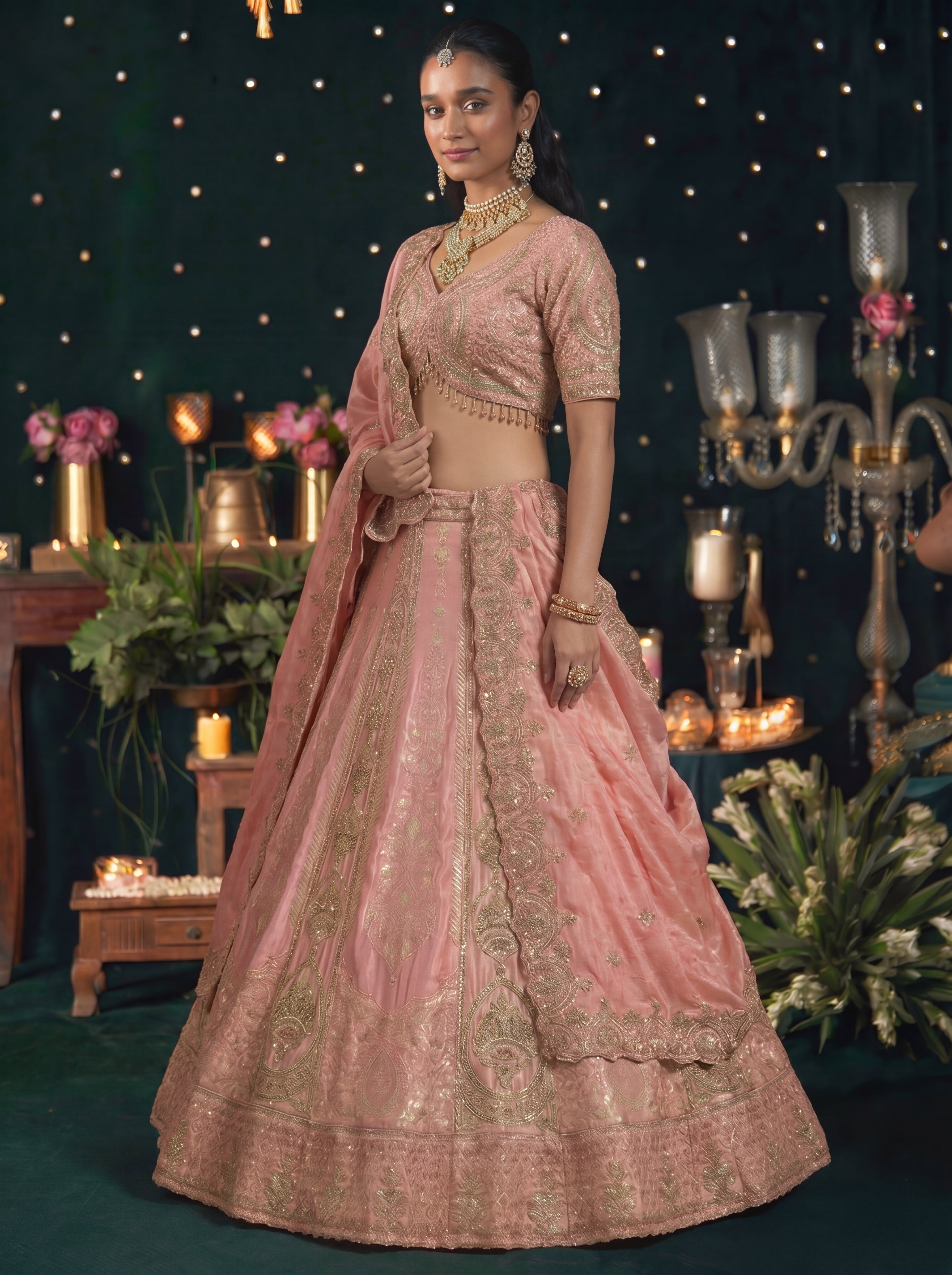 Blush Pink Silk Viscose Sequins Embroidered Bridal Lehenga Choli Set