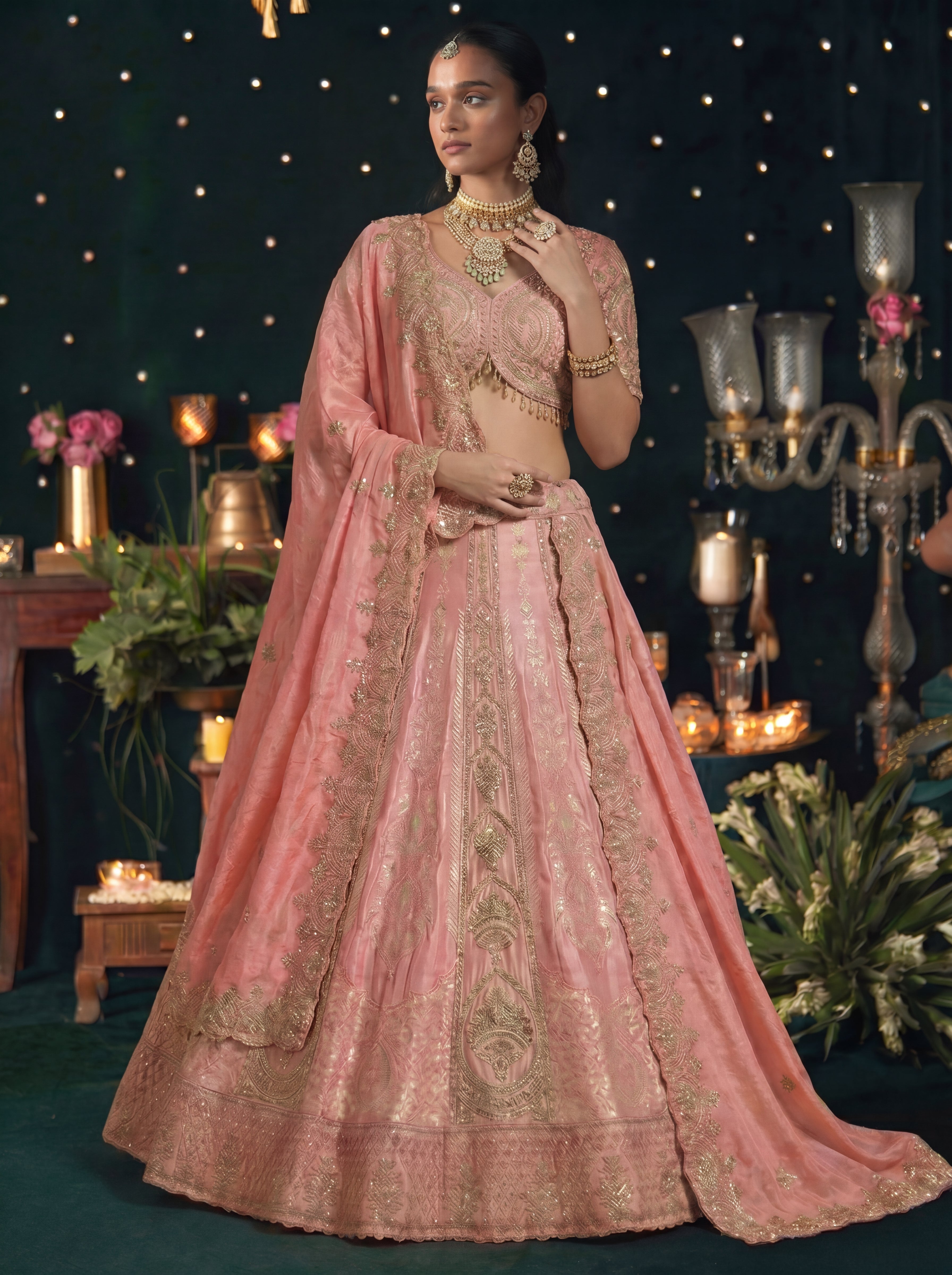 Blush Pink Silk Viscose Sequins Embroidered Bridal Lehenga Choli Set