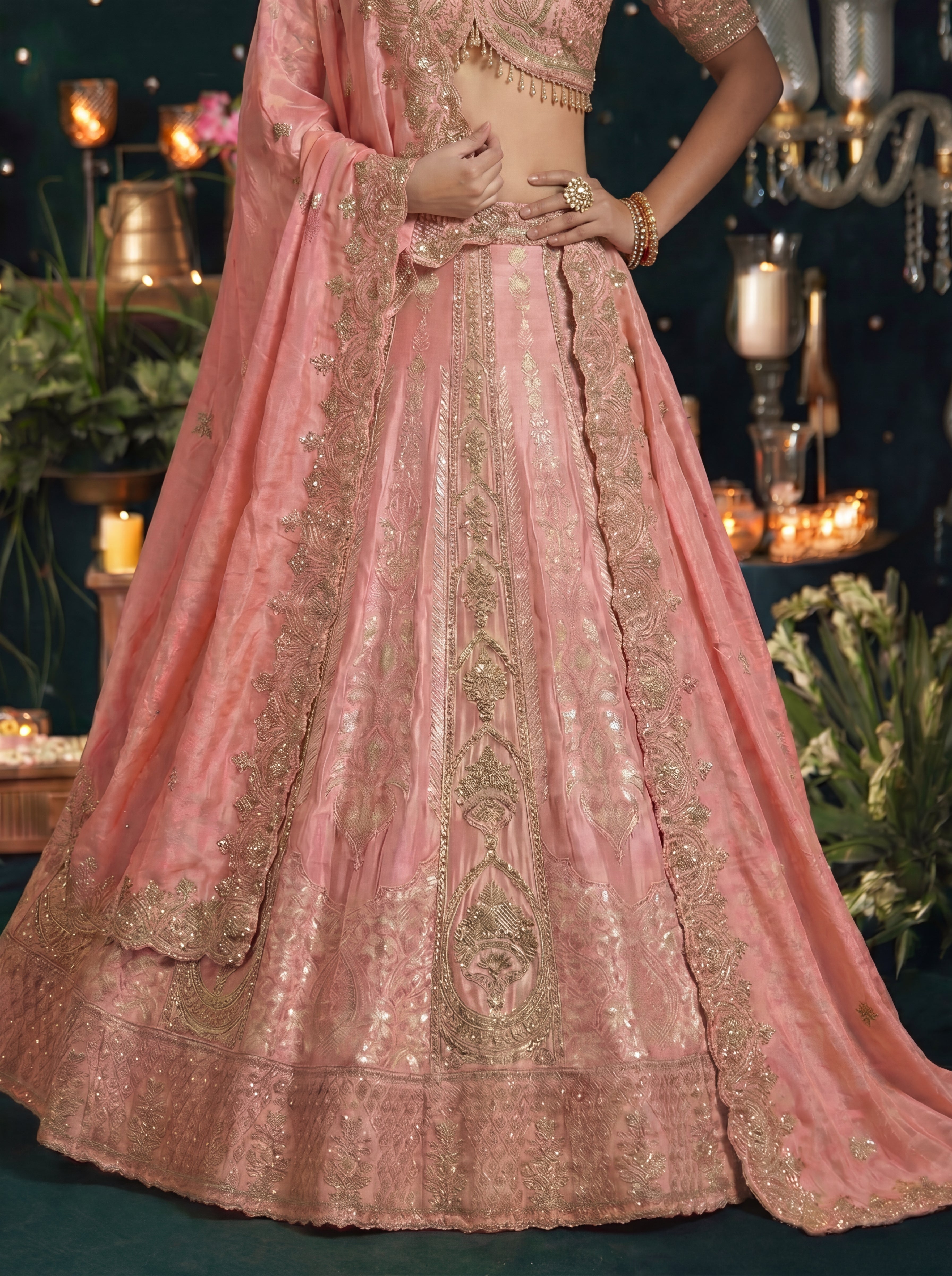 Blush Pink Silk Viscose Sequins Embroidered Bridal Lehenga Choli Set