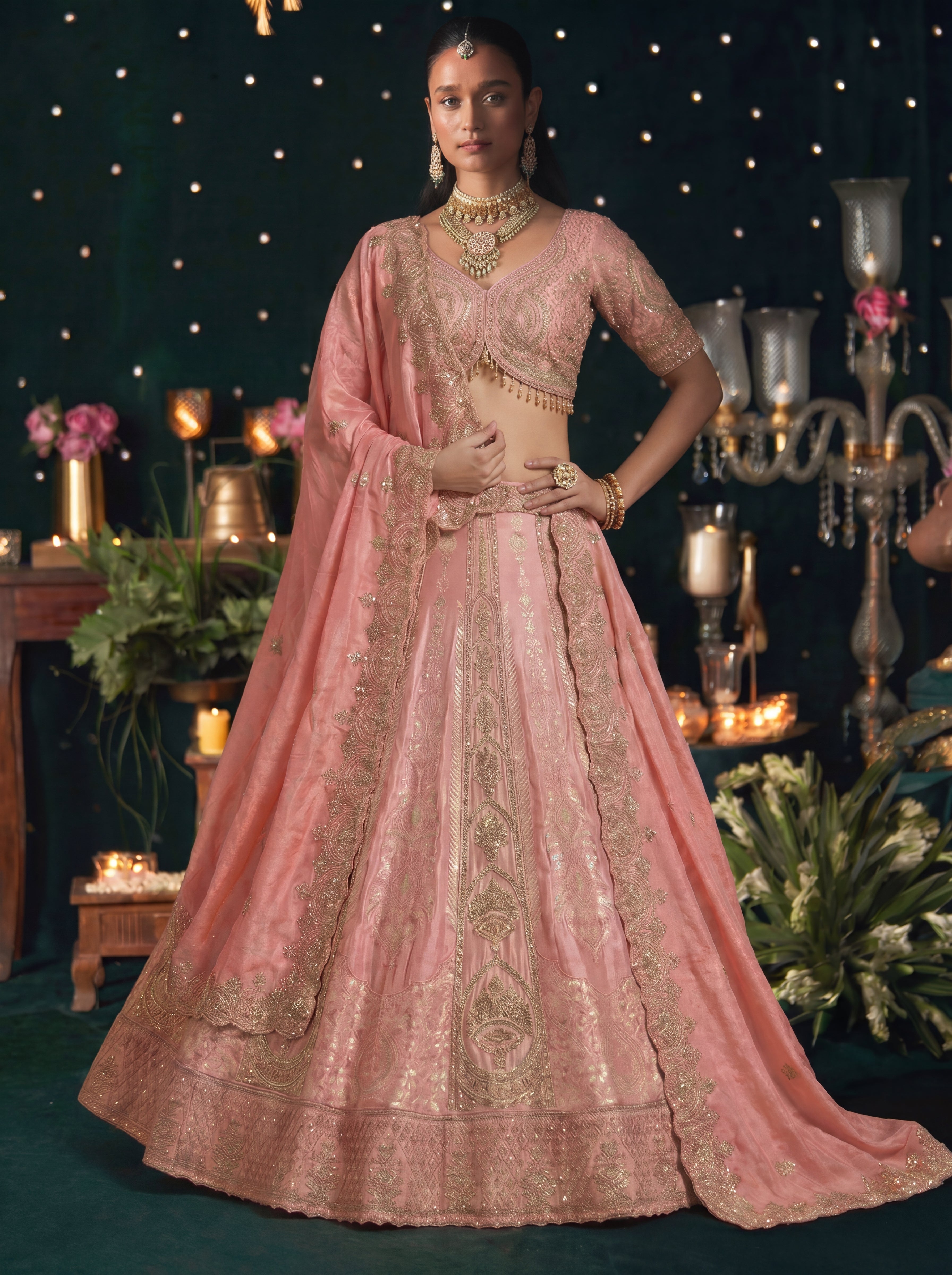 Blush Pink Silk Viscose Sequins Embroidered Bridal Lehenga Choli Set