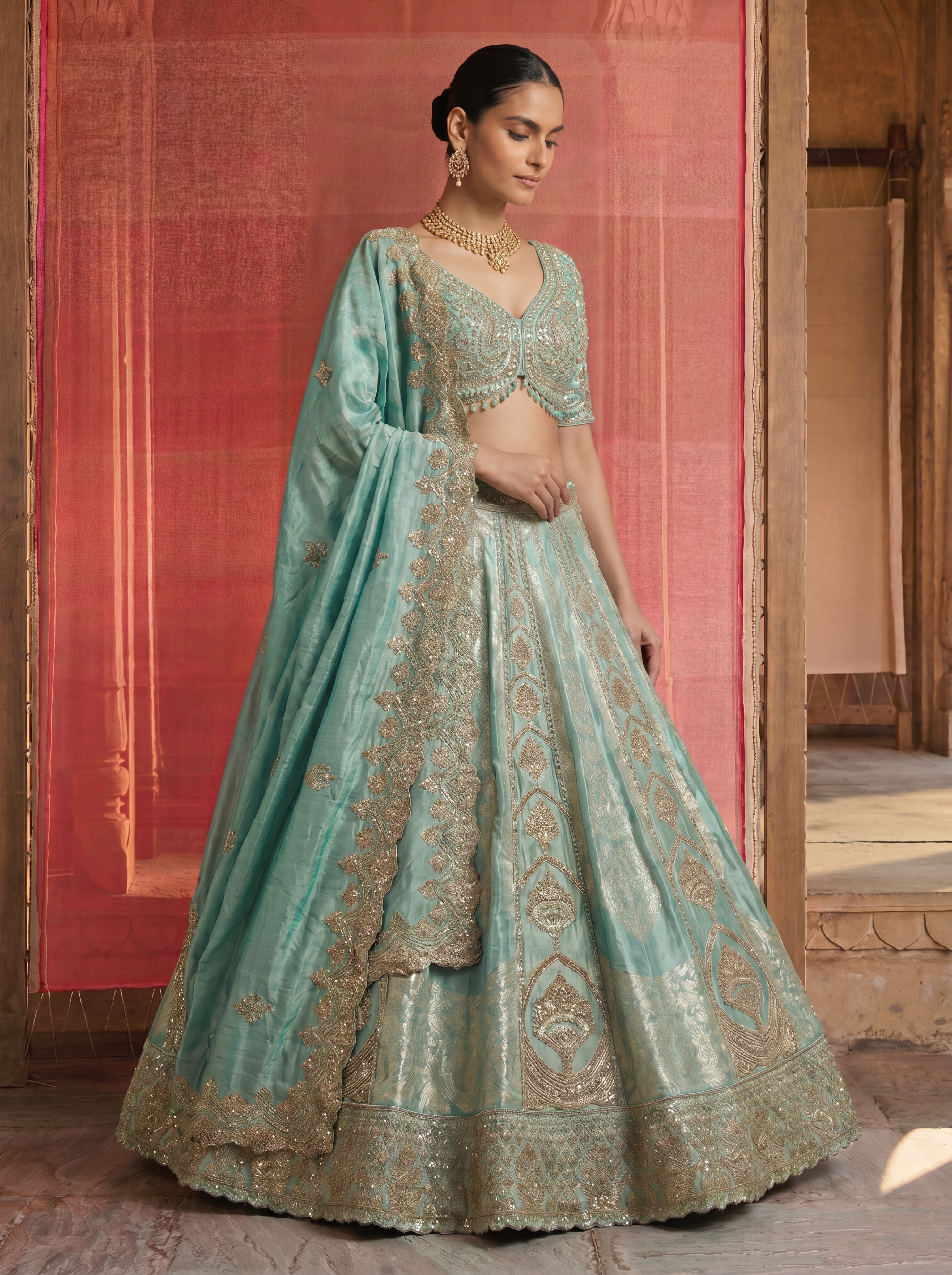 Mint Green Silk Viscose Sequins Cording Bridal Lehenga Choli