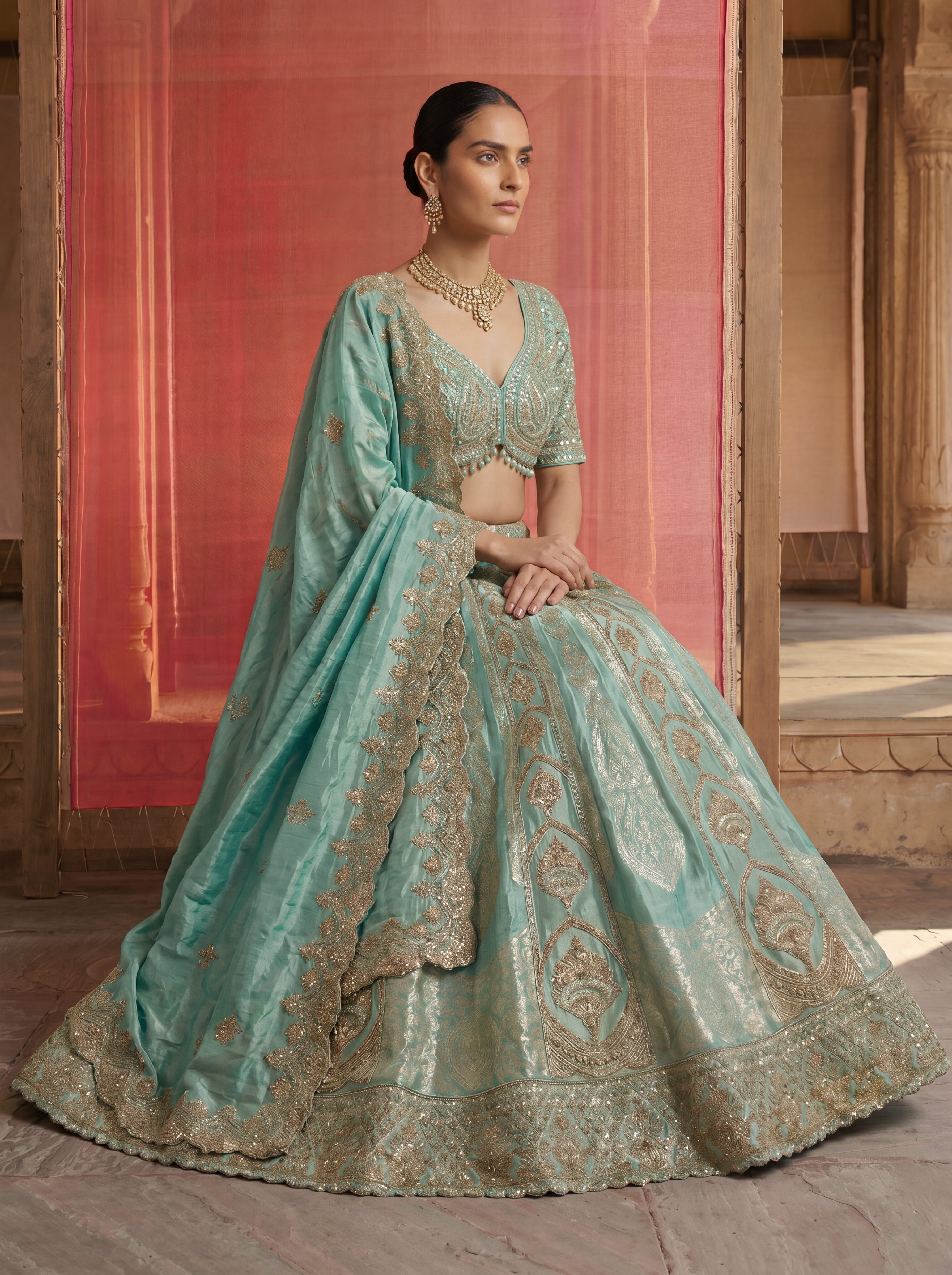 Mint Green Silk Viscose Sequins Cording Bridal Lehenga Choli