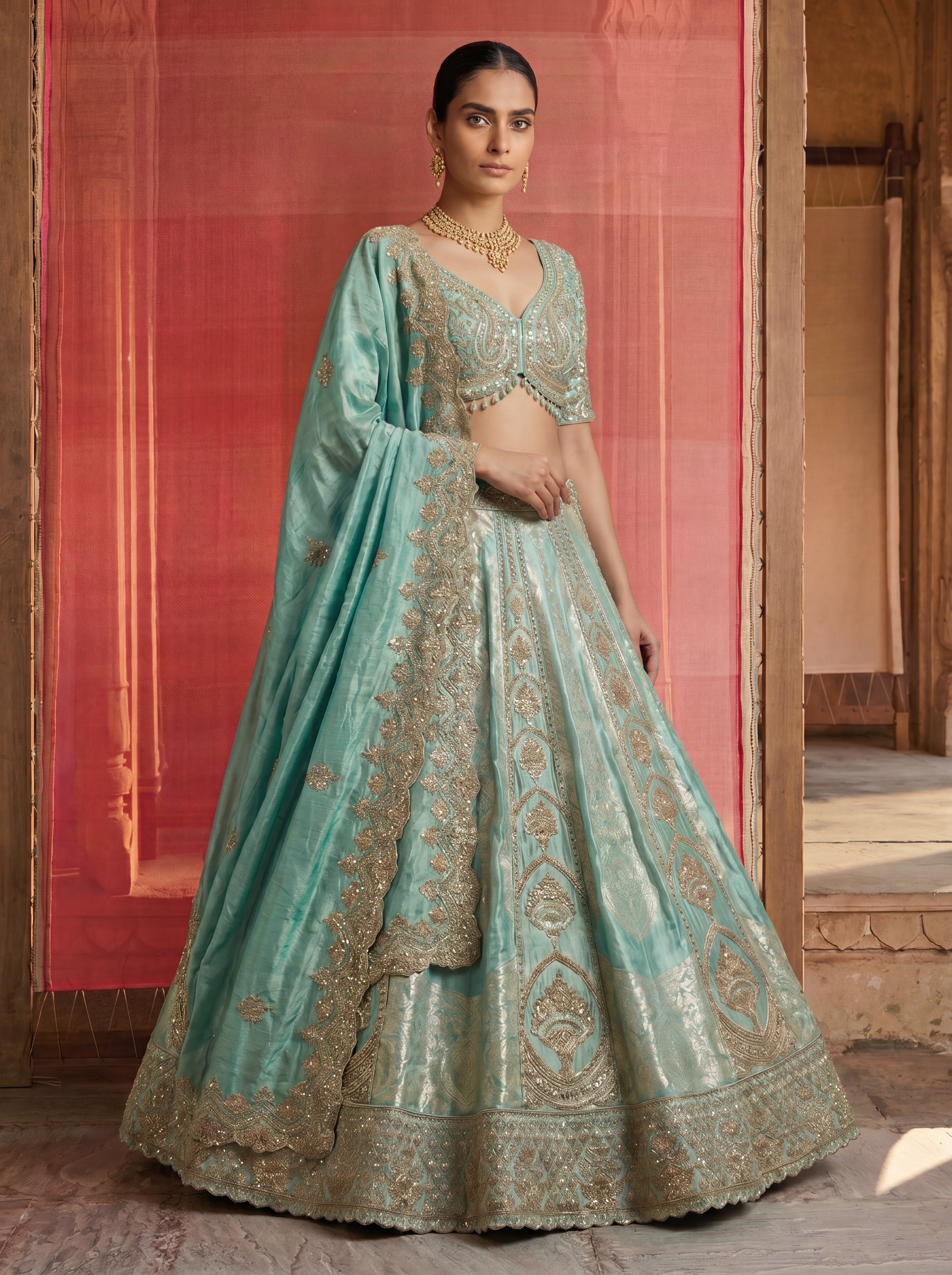Mint Green Silk Viscose Sequins Cording Bridal Lehenga Choli