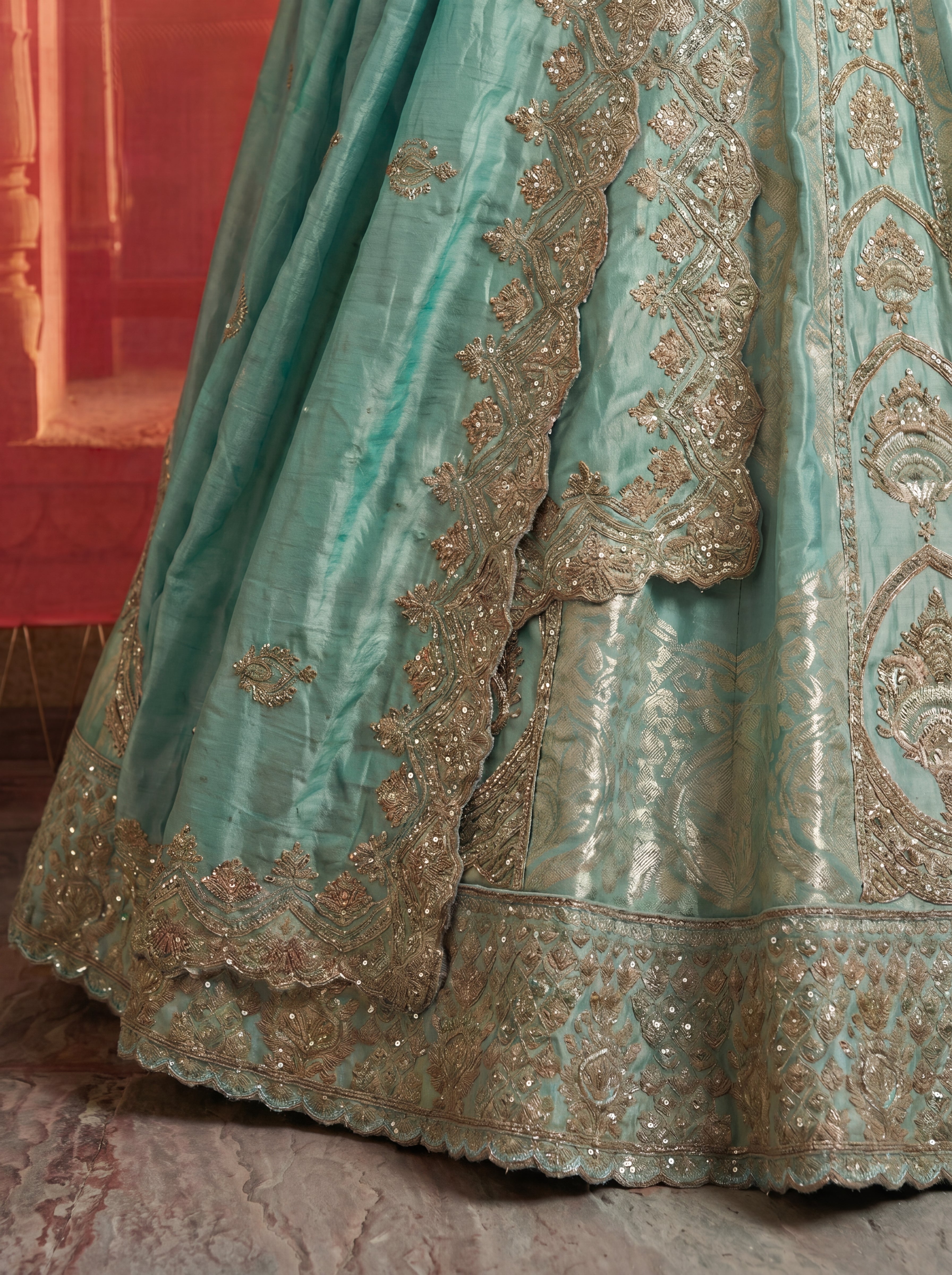 Mint Green Silk Viscose Sequins Cording Bridal Lehenga Choli