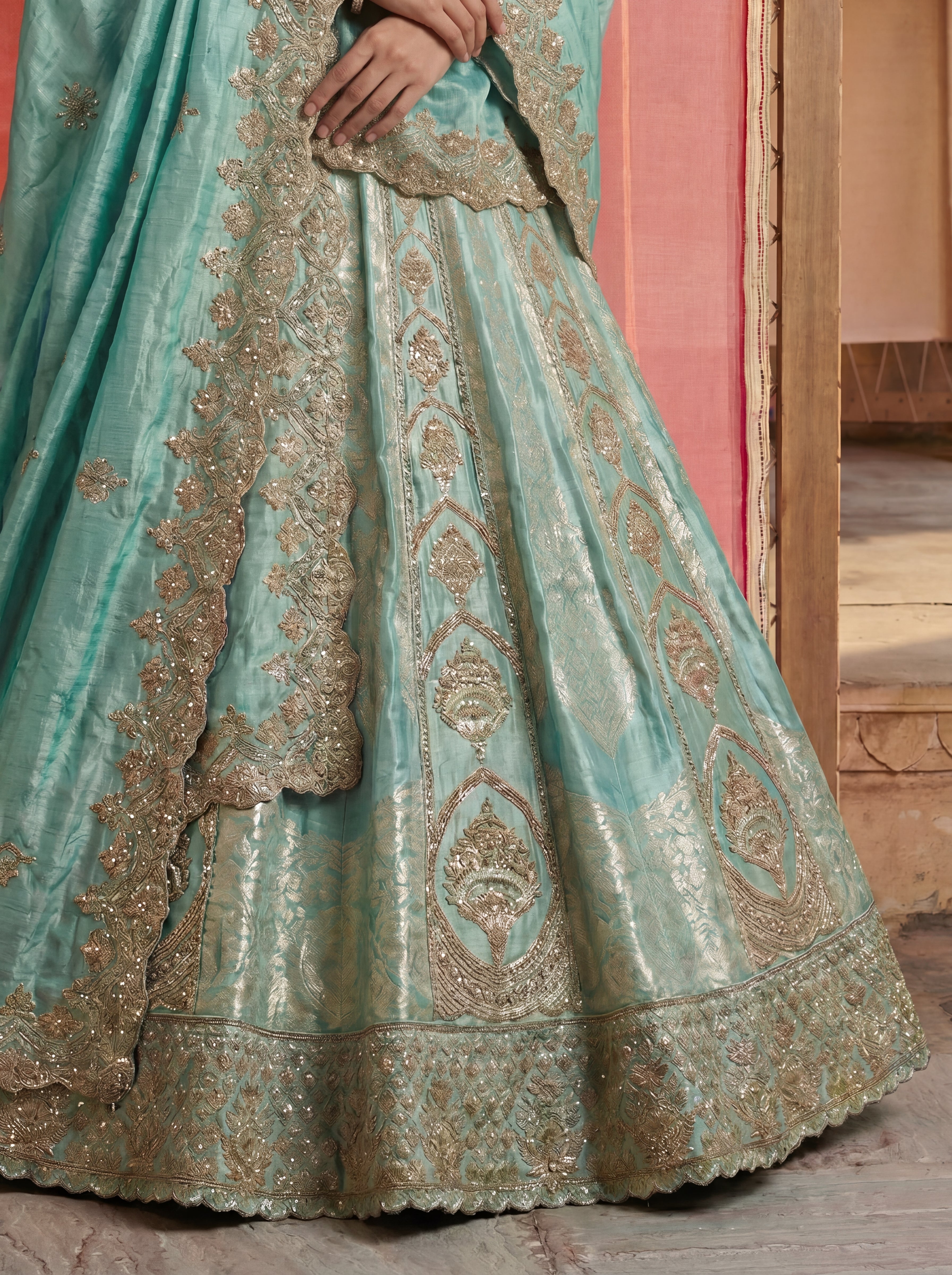 Mint Green Silk Viscose Sequins Cording Bridal Lehenga Choli