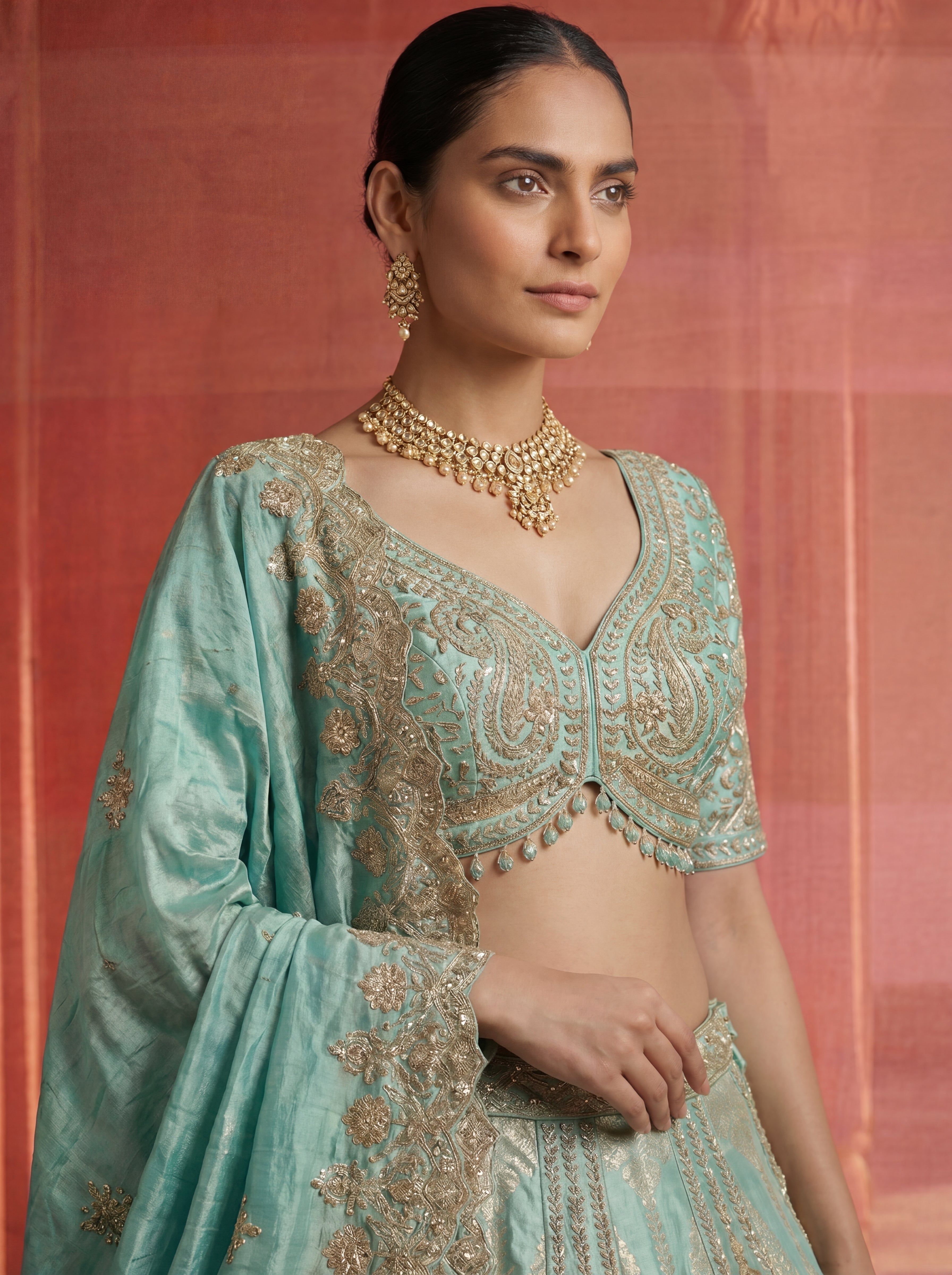 Mint Green Silk Viscose Sequins Cording Bridal Lehenga Choli