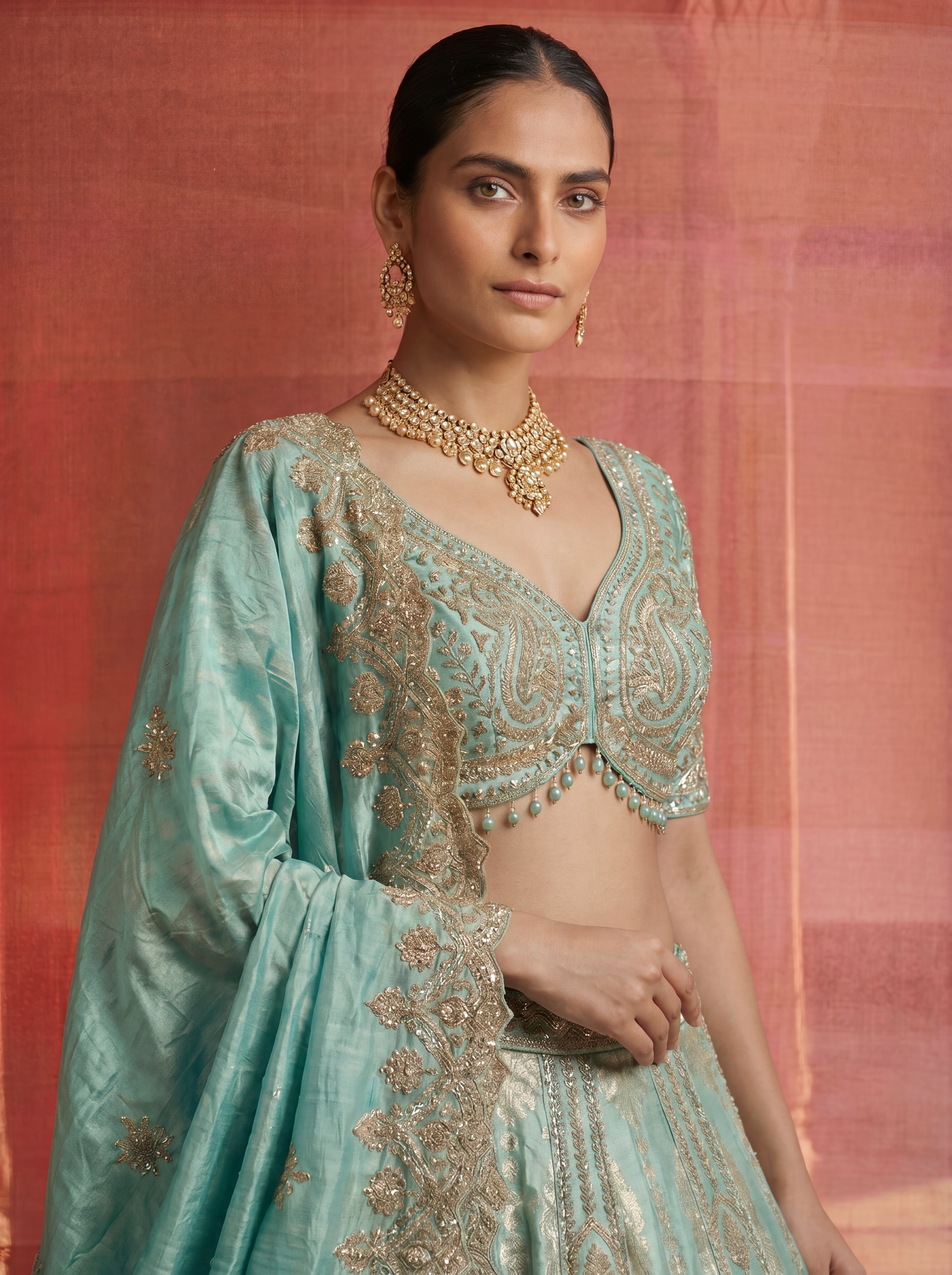 Mint Green Silk Viscose Sequins Cording Bridal Lehenga Choli