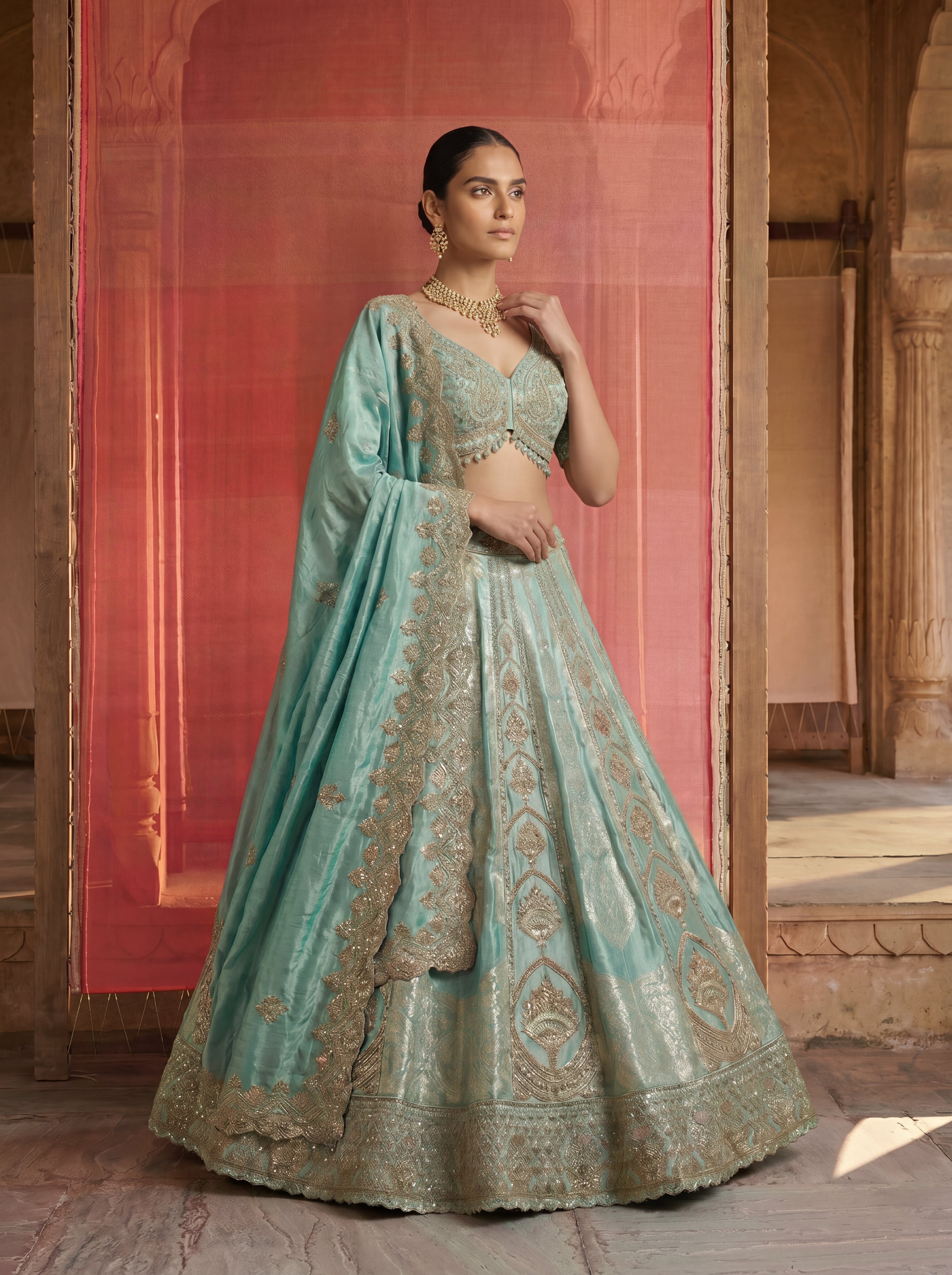 Mint Green Silk Viscose Sequins Cording Bridal Lehenga Choli