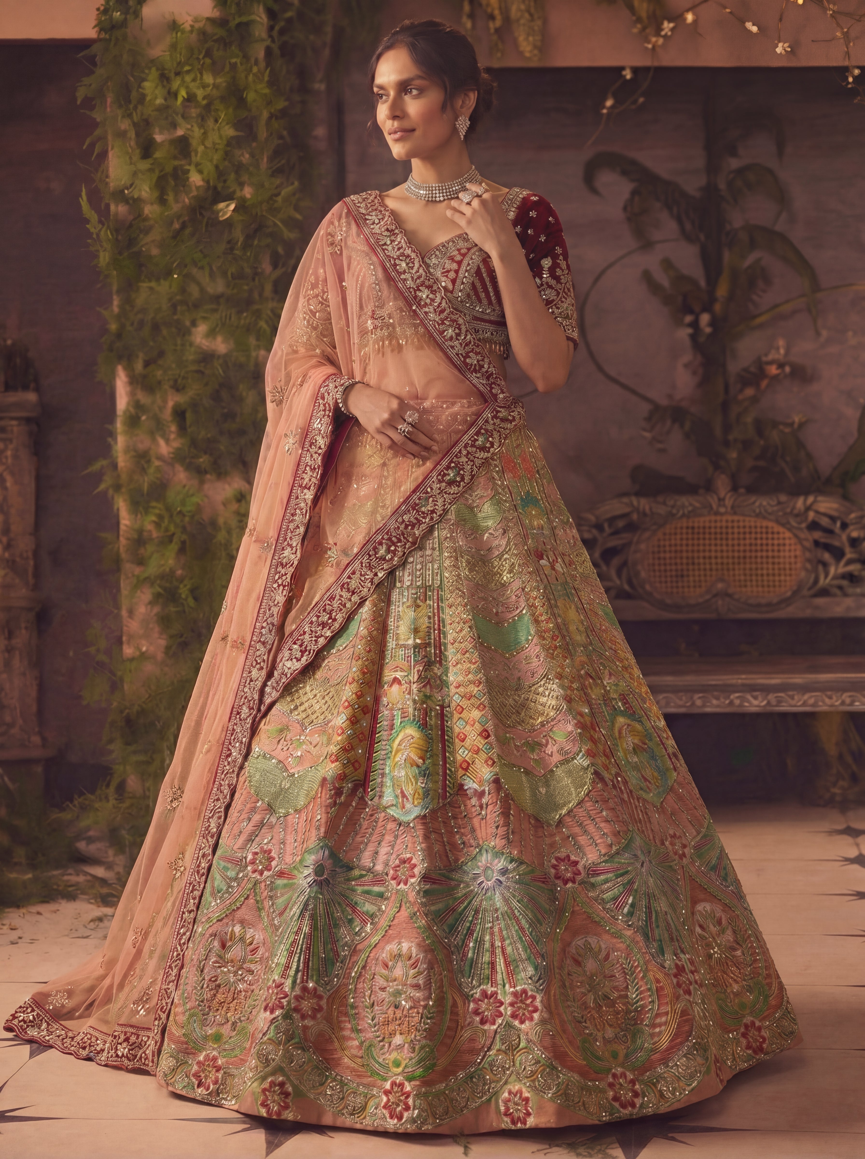Multicolor Position Printed Sequins Mirror Bridal Lehenga Choli Set