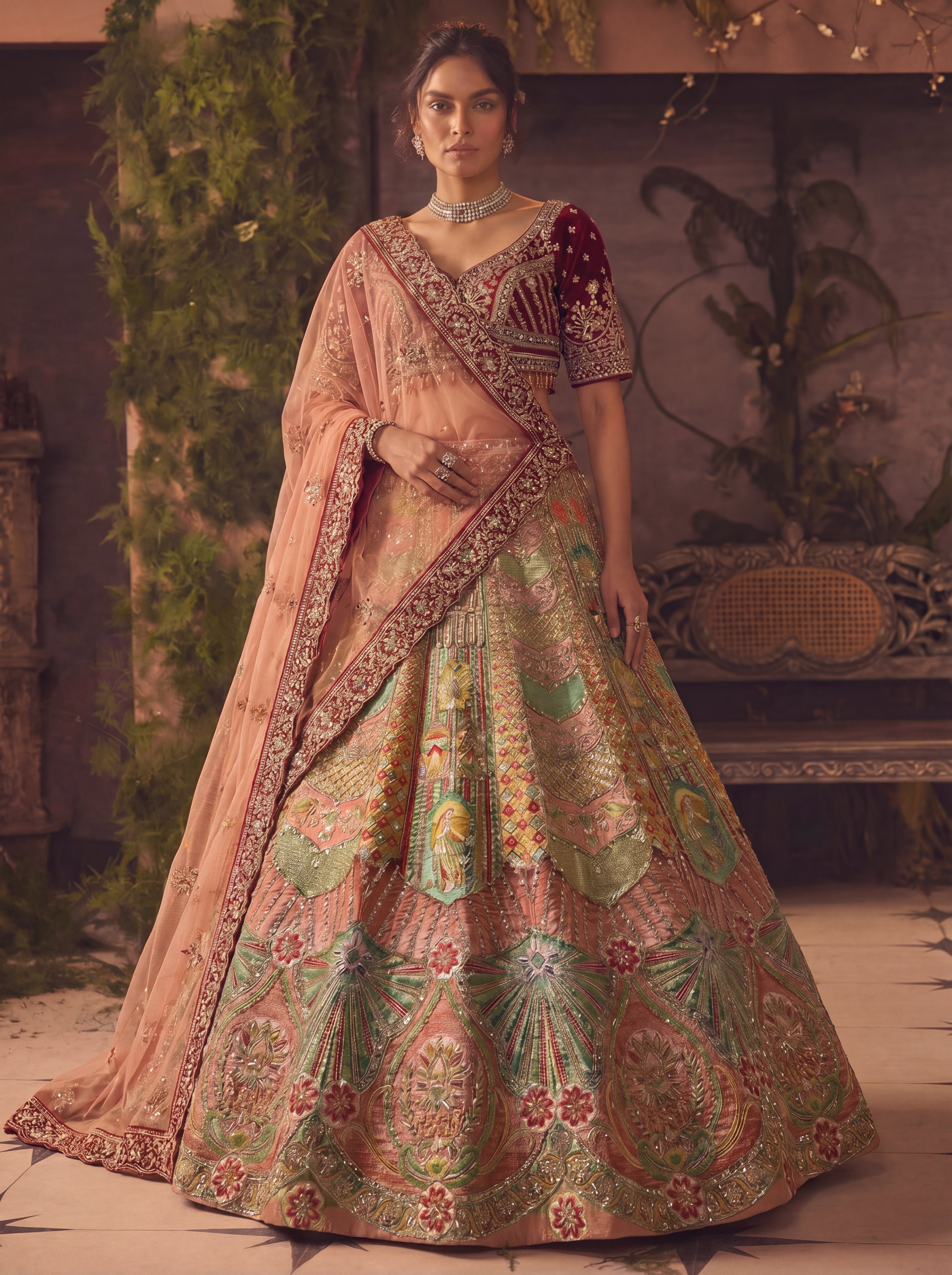 Multicolor Position Printed Sequins Mirror Bridal Lehenga Choli Set