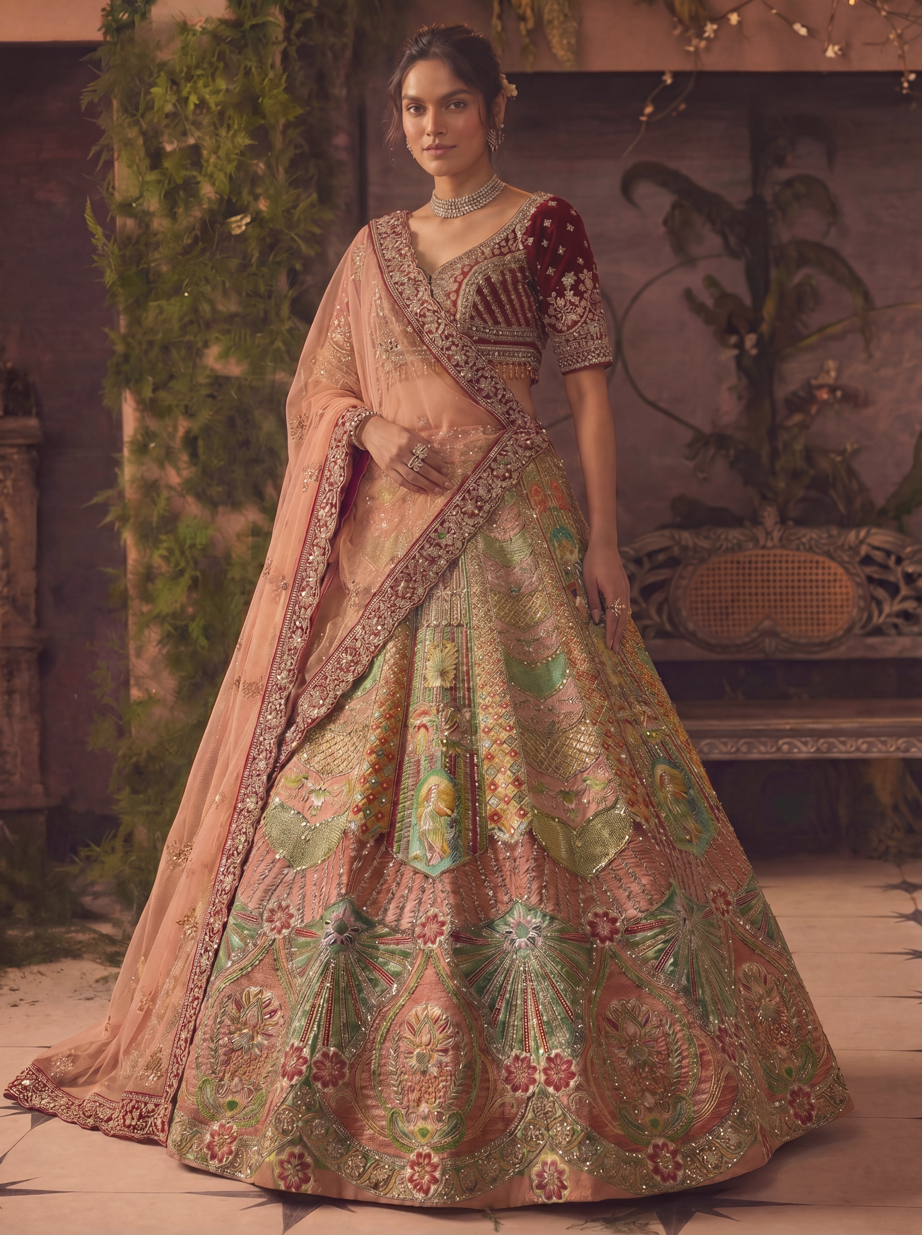 Multicolor Position Printed Sequins Mirror Bridal Lehenga Choli Set