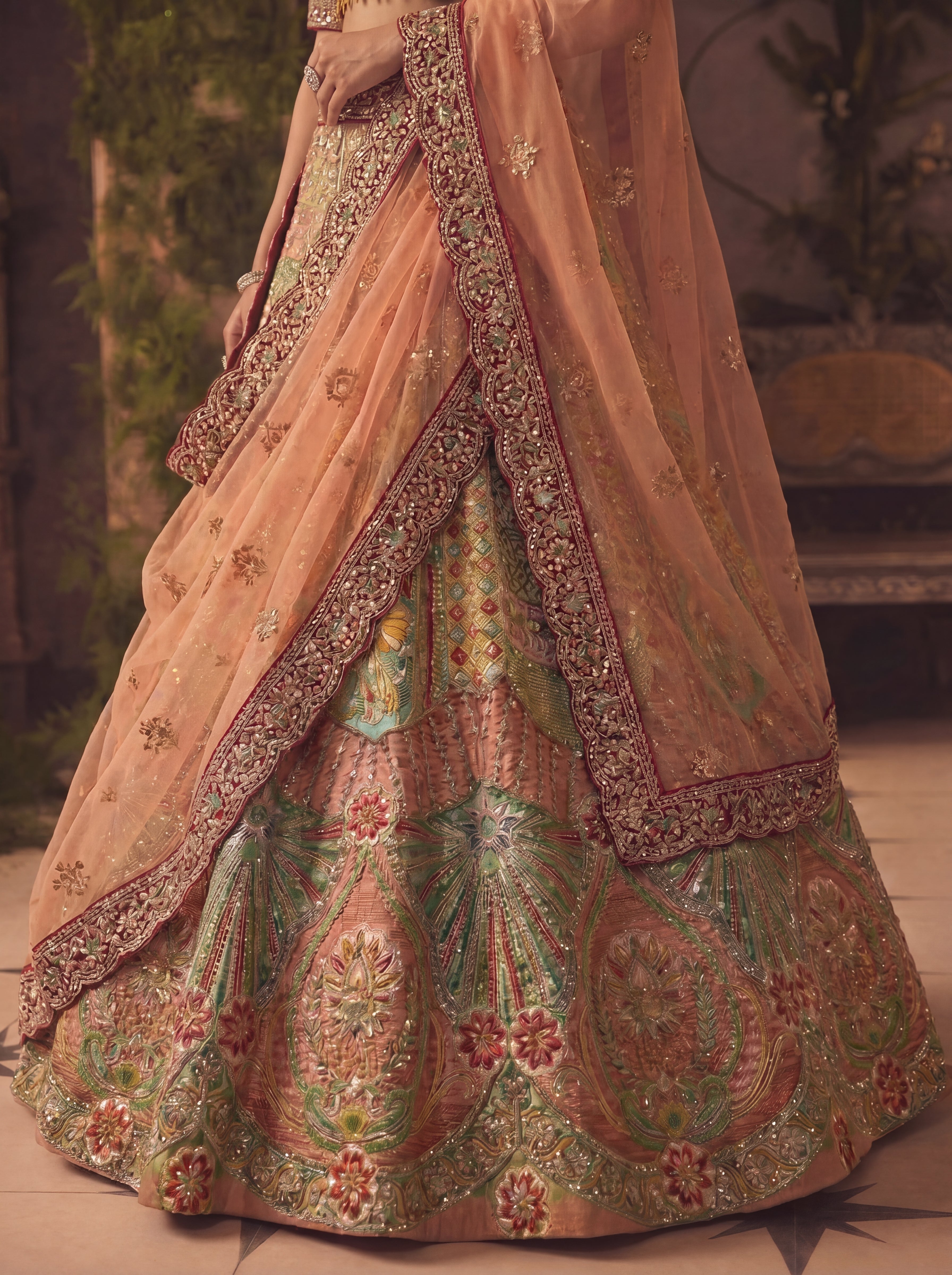 Multicolor Position Printed Sequins Mirror Bridal Lehenga Choli Set
