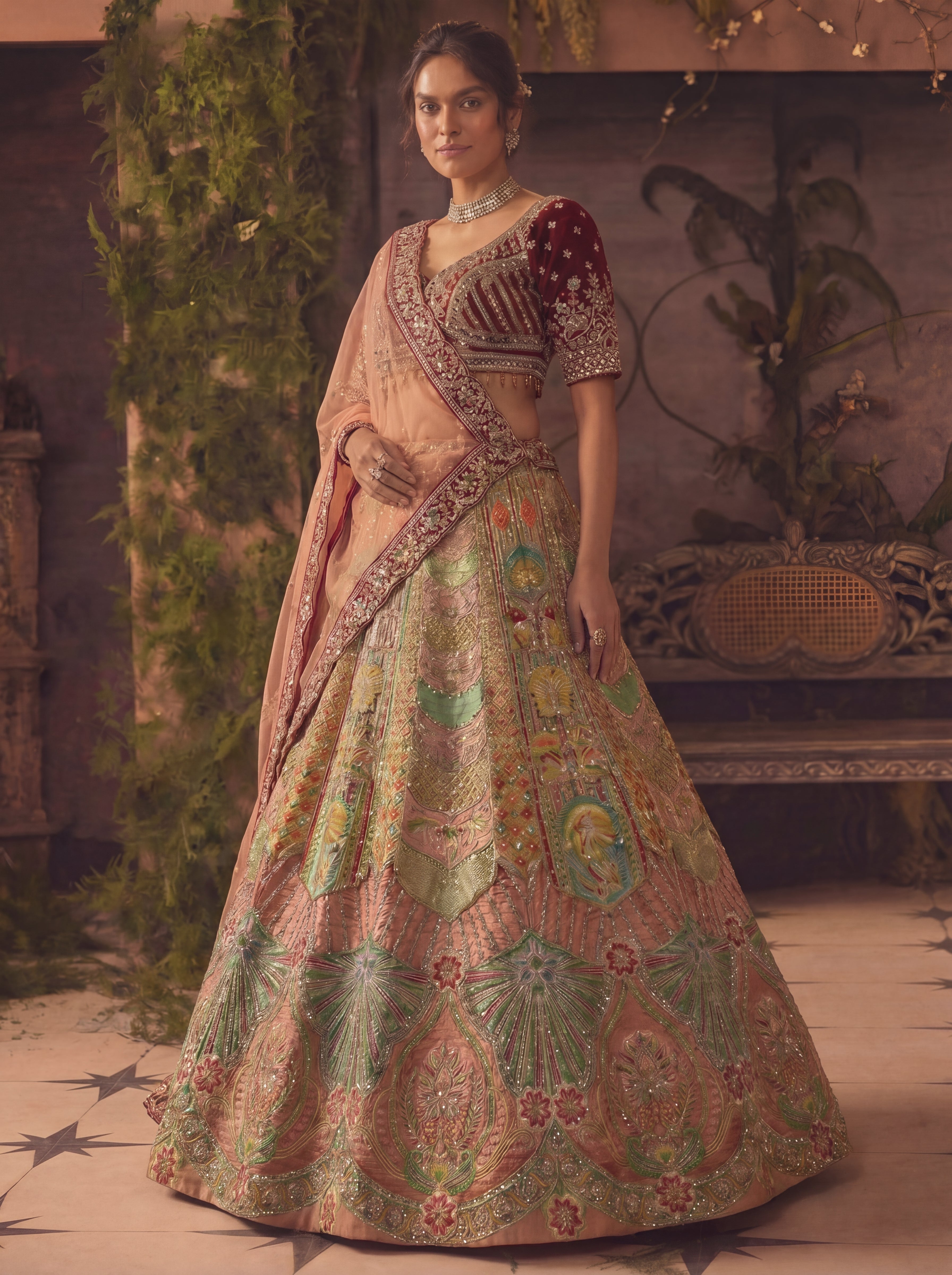 Multicolor Position Printed Sequins Mirror Bridal Lehenga Choli Set