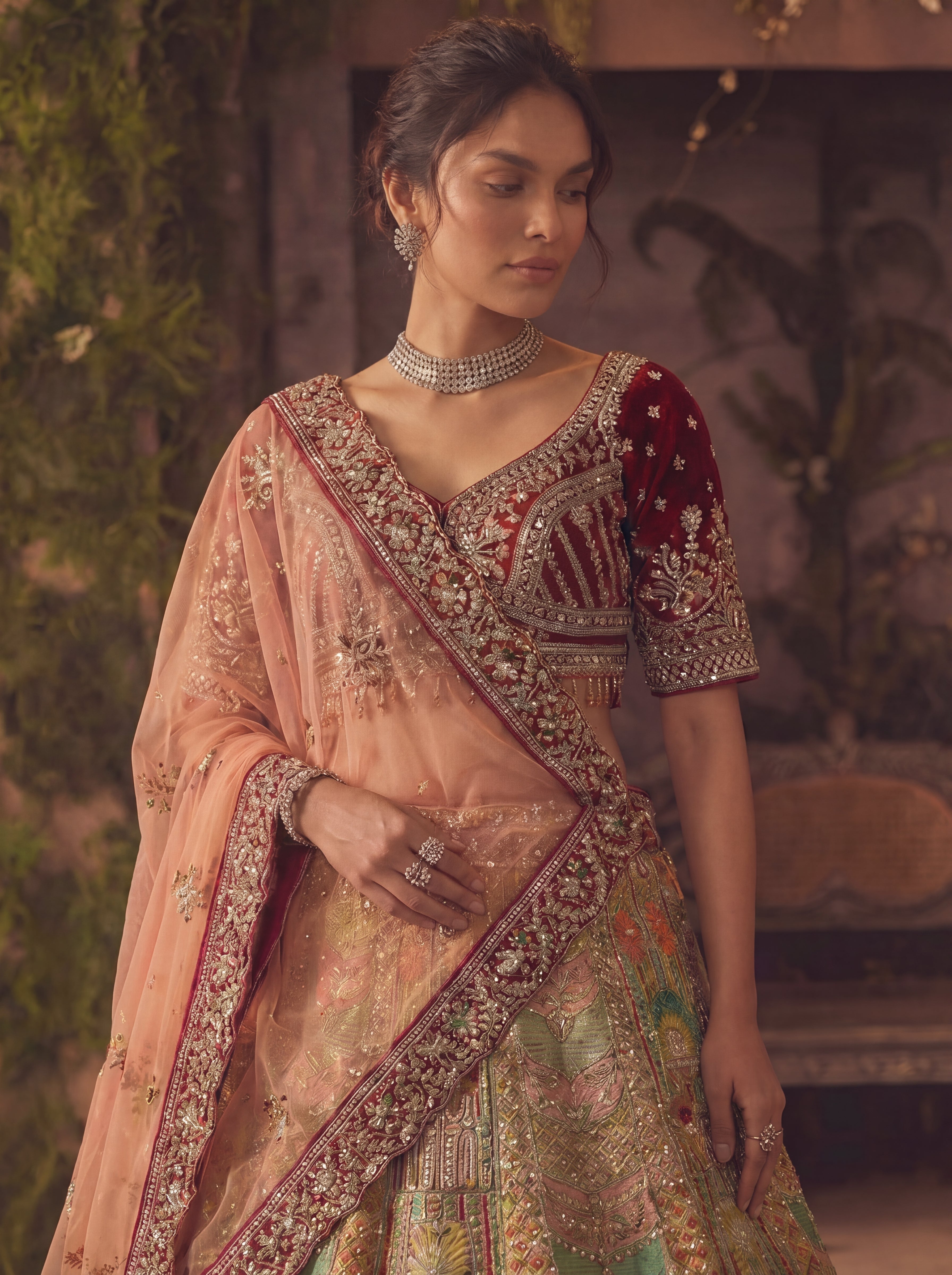 Multicolor Position Printed Sequins Mirror Bridal Lehenga Choli Set
