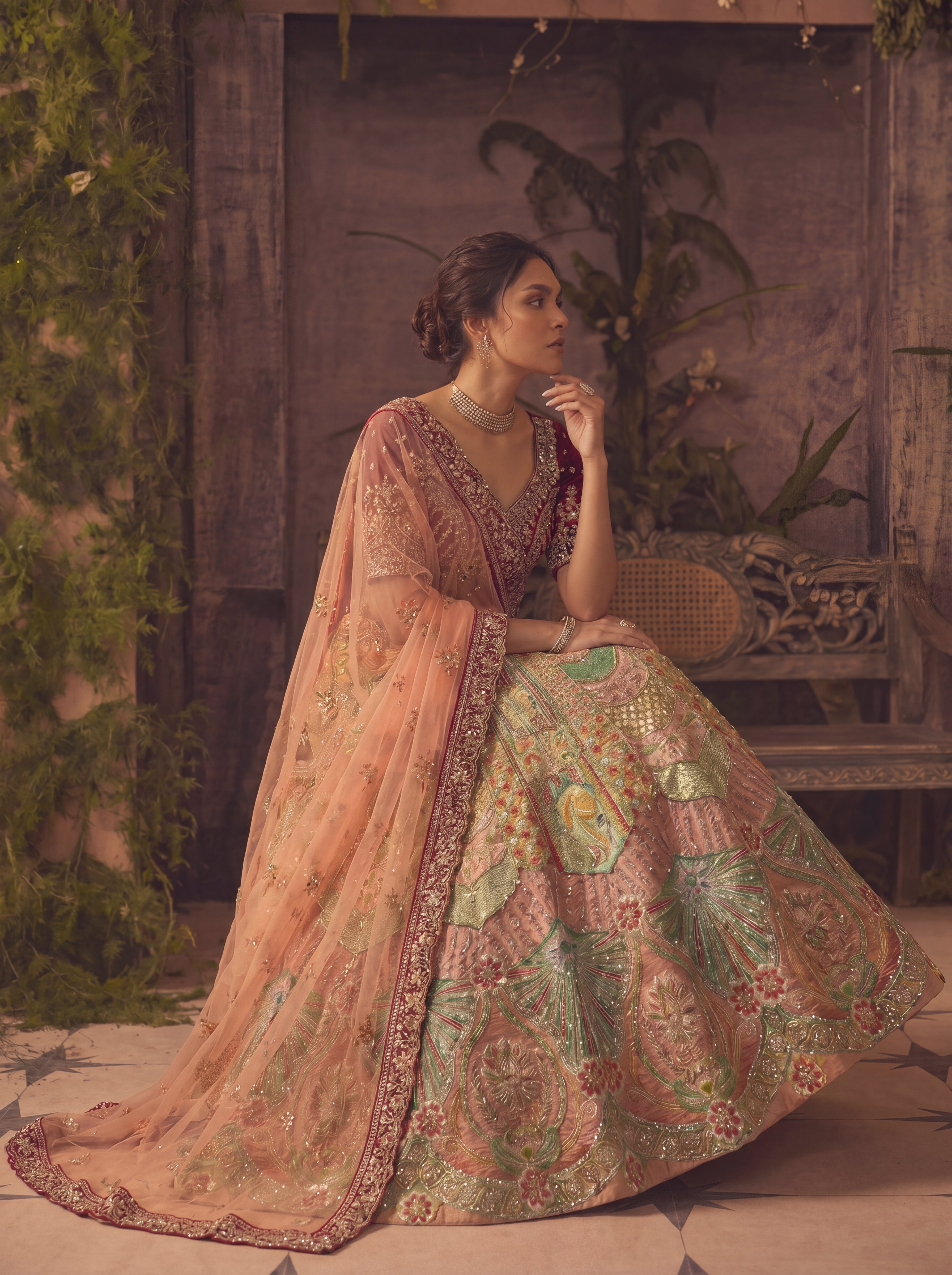 Multicolor Position Printed Sequins Mirror Bridal Lehenga Choli Set