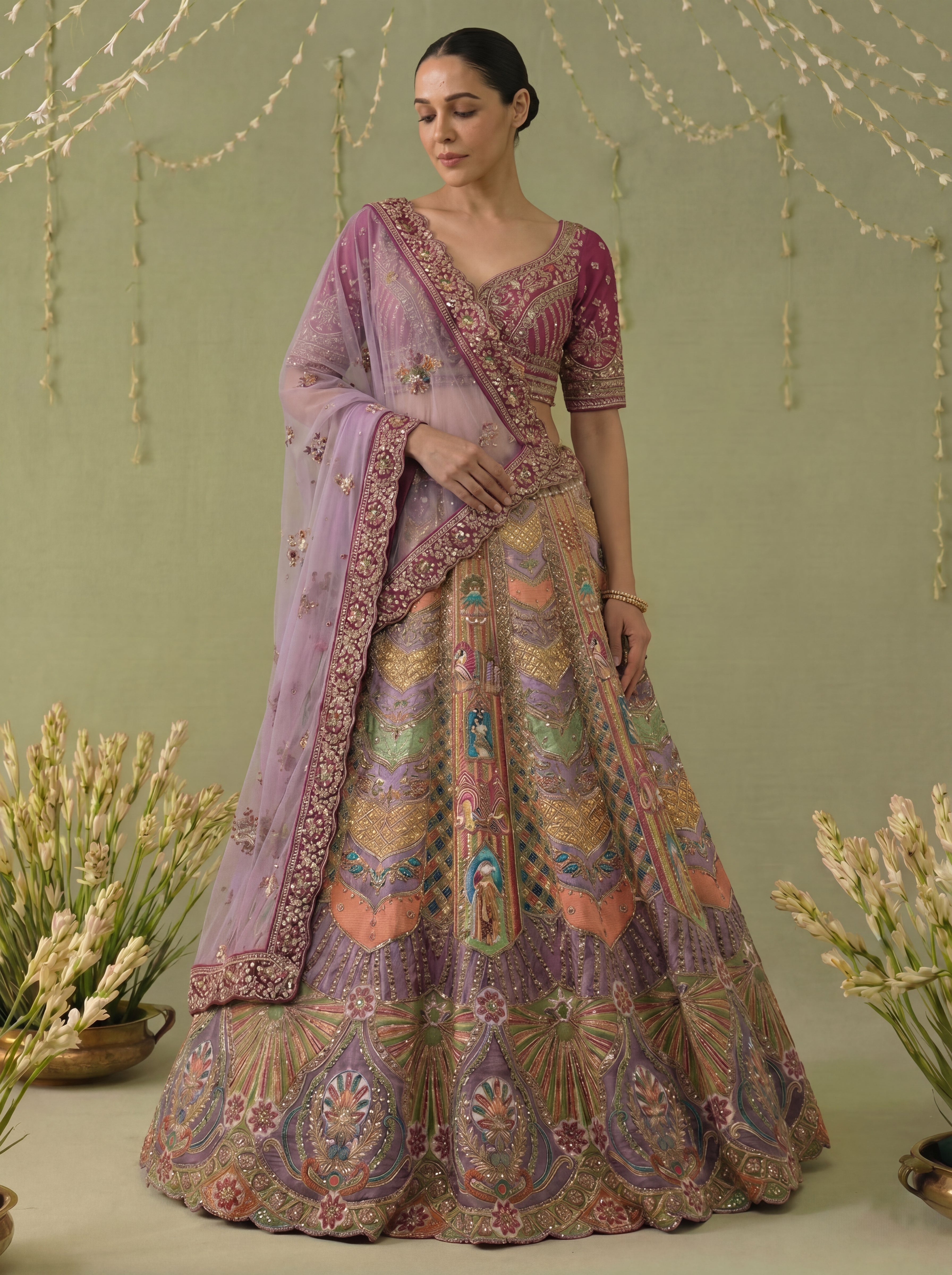 Mauve Viscose Position Printed Sequins Bridal Lehenga Choli Set