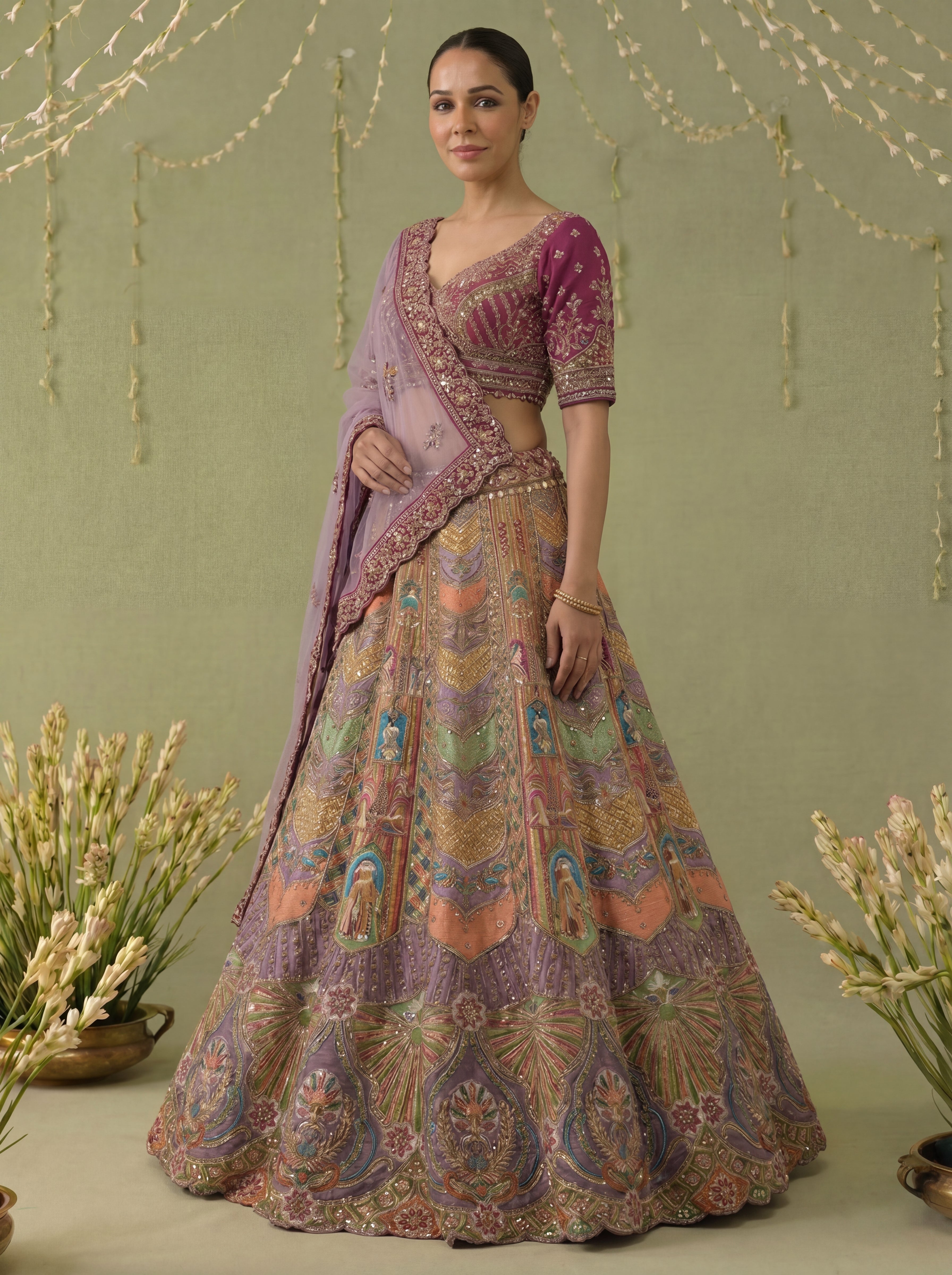 Mauve Viscose Position Printed Sequins Bridal Lehenga Choli Set