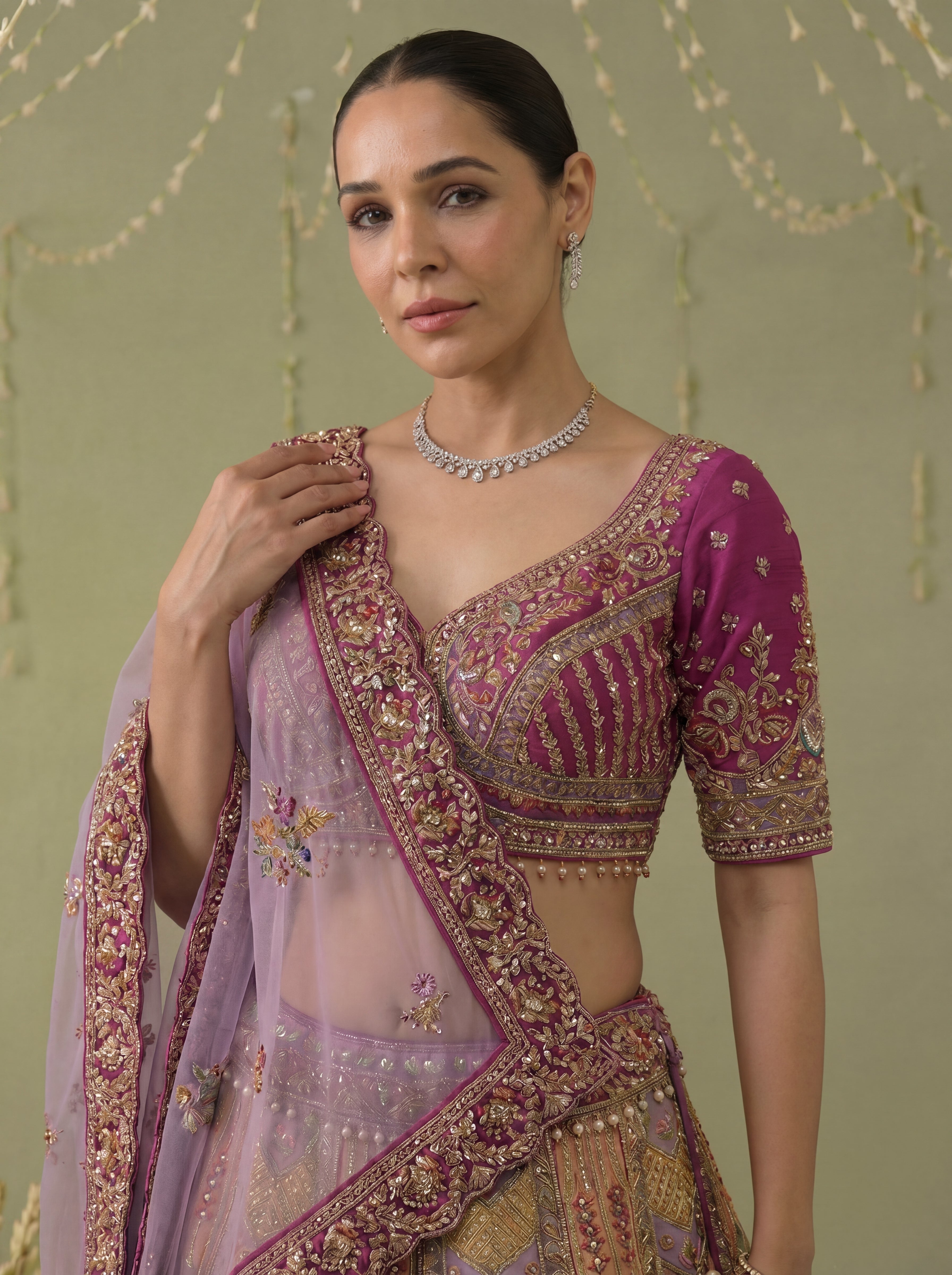 Mauve Viscose Position Printed Sequins Bridal Lehenga Choli Set