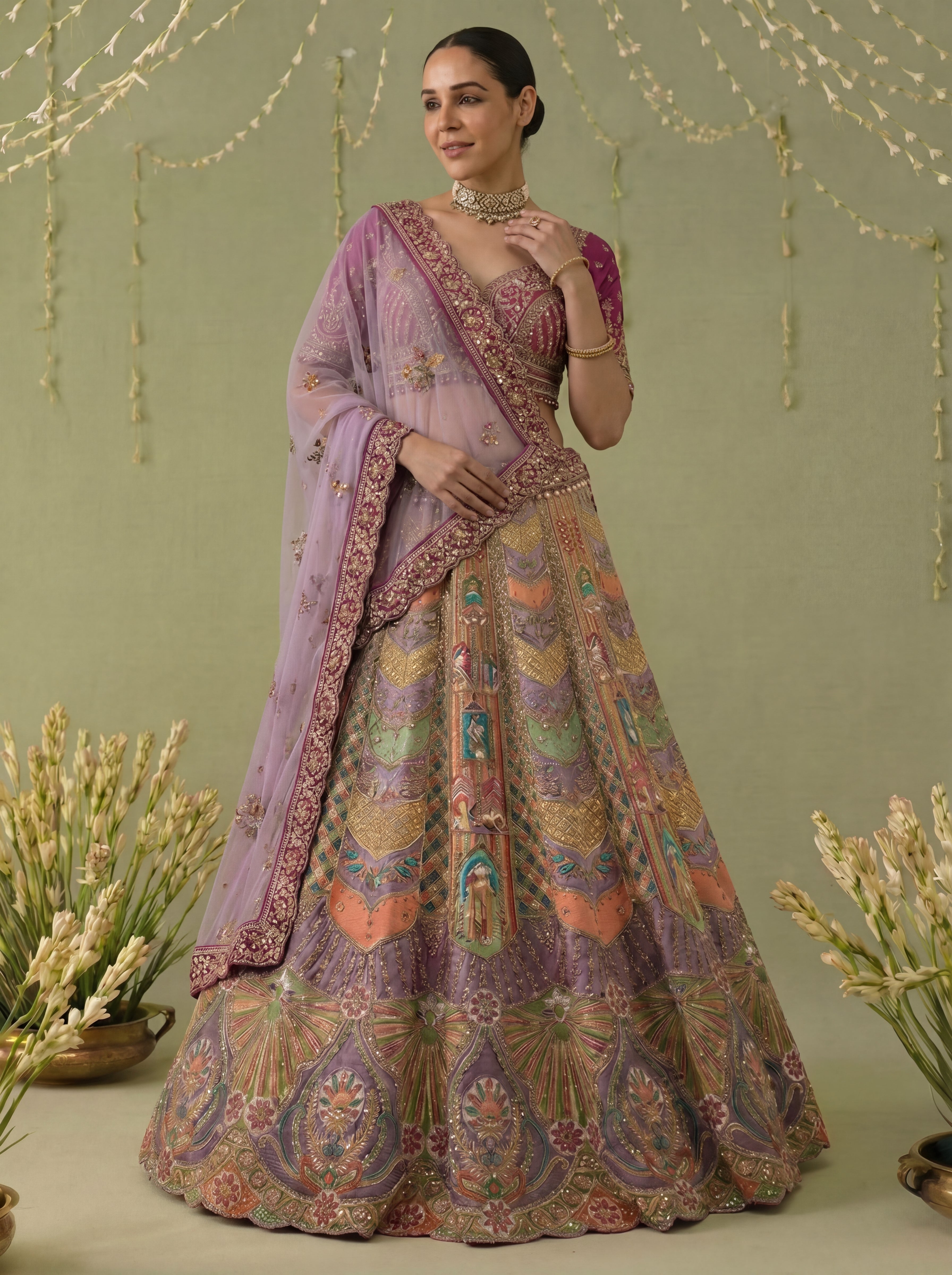 Mauve Viscose Position Printed Sequins Bridal Lehenga Choli Set