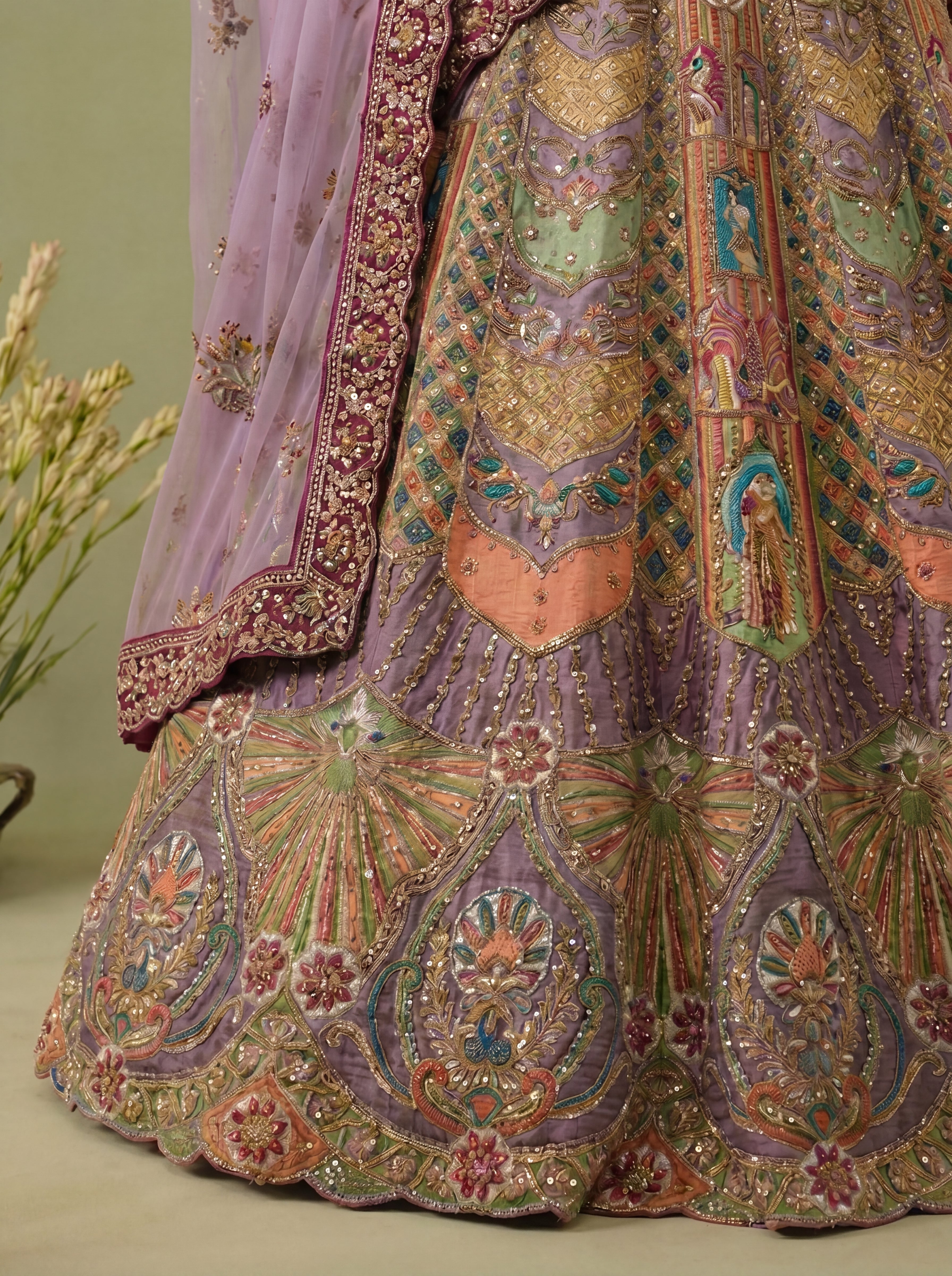Mauve Viscose Position Printed Sequins Bridal Lehenga Choli Set