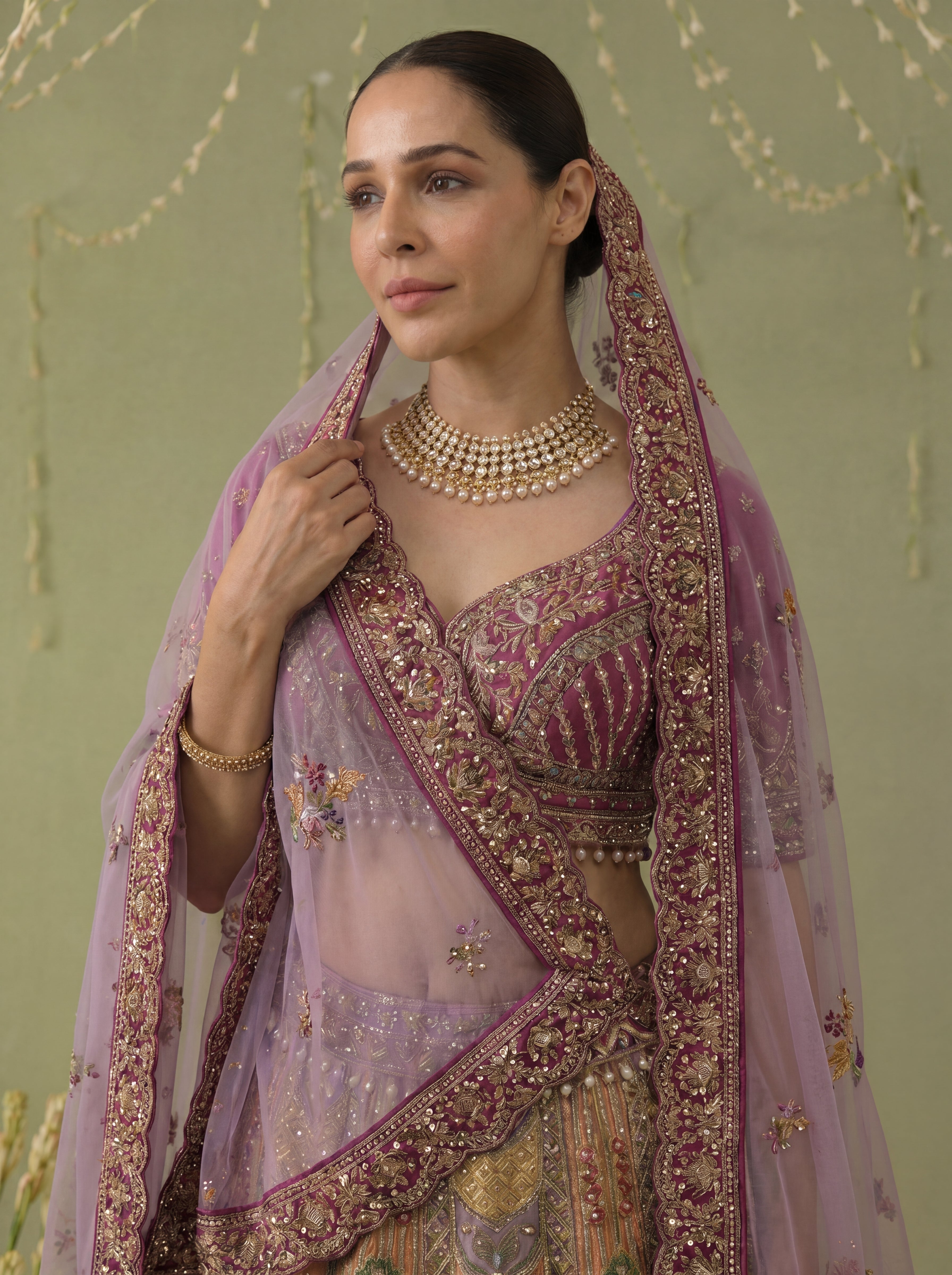 Mauve Viscose Position Printed Sequins Bridal Lehenga Choli Set