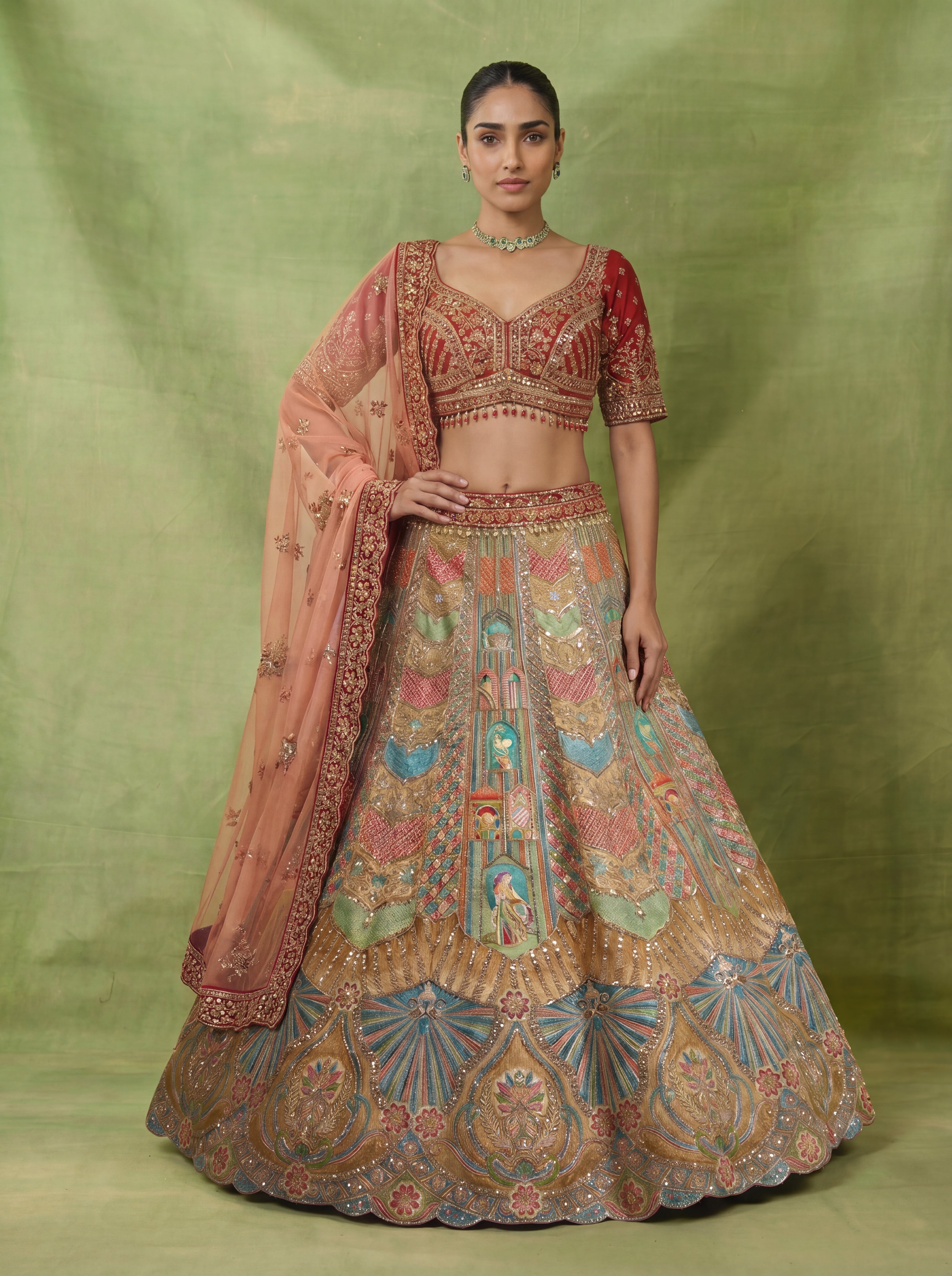 Multicolor Viscose Position Printed Sequins Cording Lehenga Choli Set