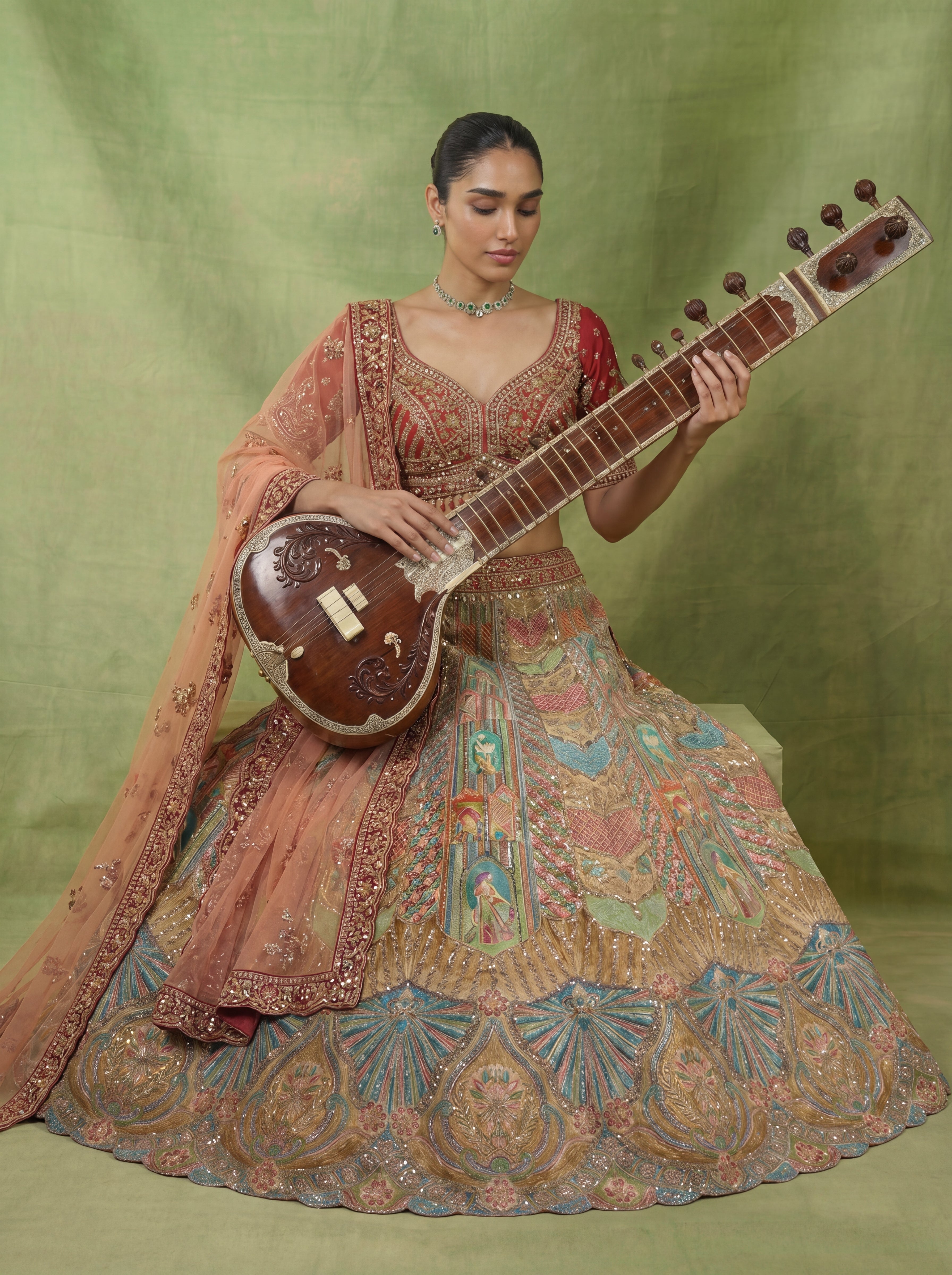 Multicolor Viscose Position Printed Sequins Cording Lehenga Choli Set