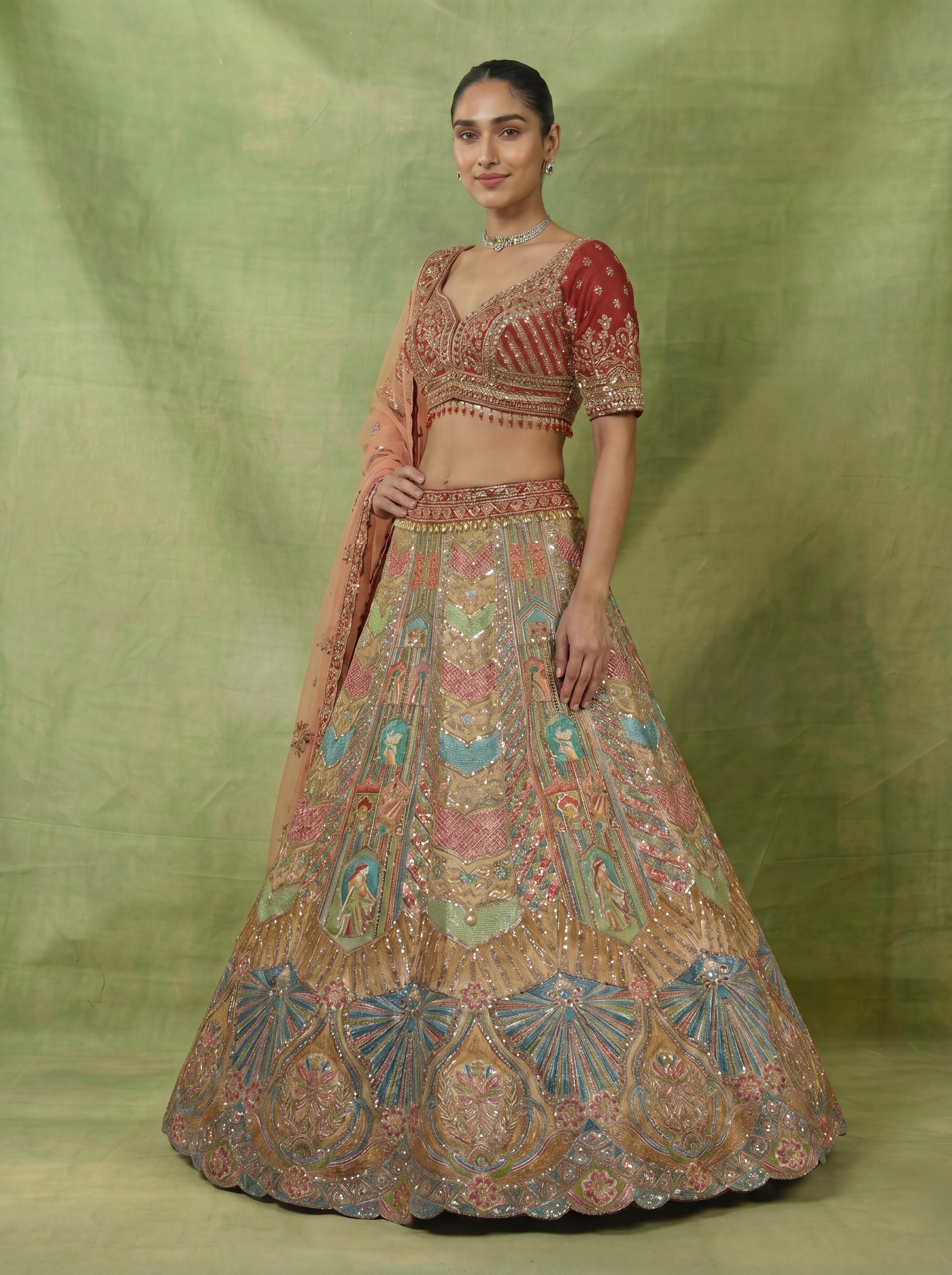 Multicolor Viscose Position Printed Sequins Cording Lehenga Choli Set