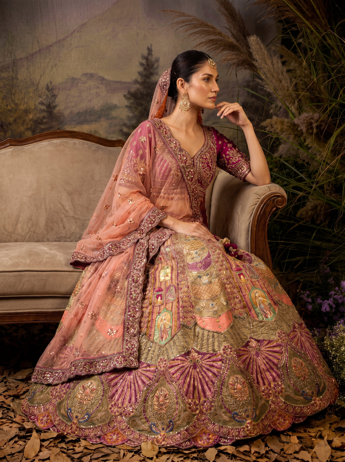 Sage Green Viscose Sequins Cording Bridal Lehenga Choli Set
