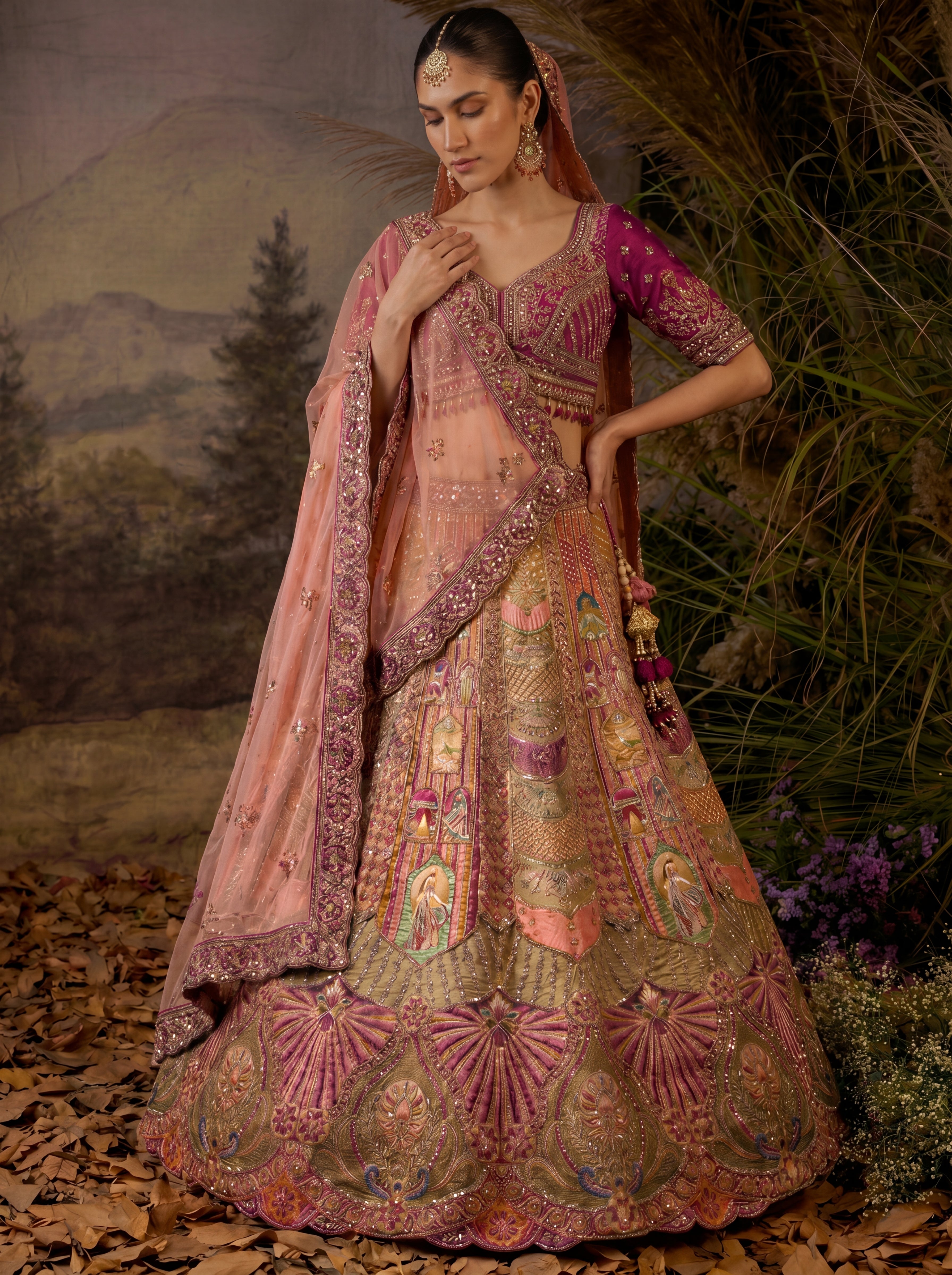 Sage Green Viscose Sequins Cording Bridal Lehenga Choli Set