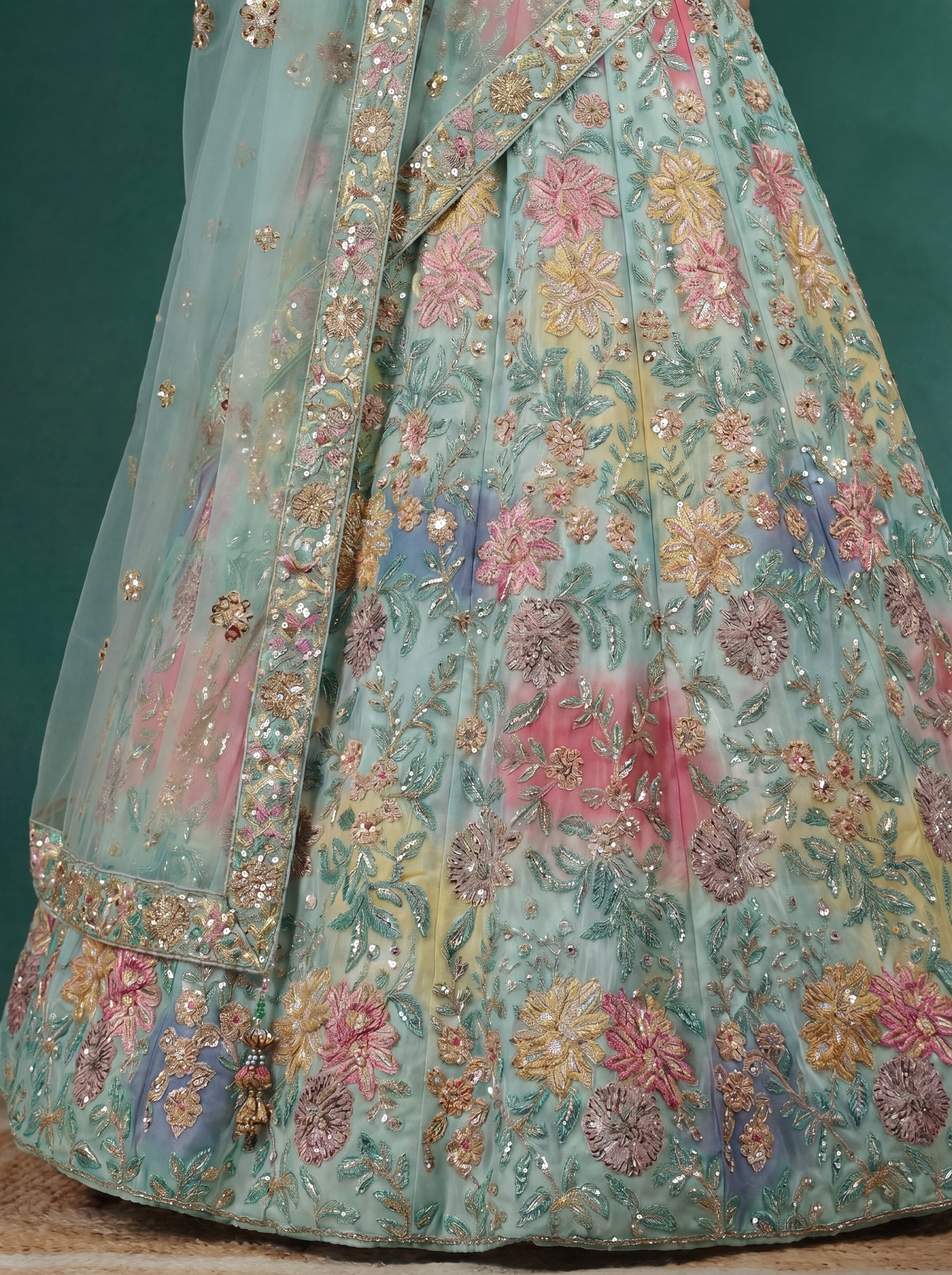 Mint Aqua Viscose Mirror Sequins Wedding Lehenga Choli Set