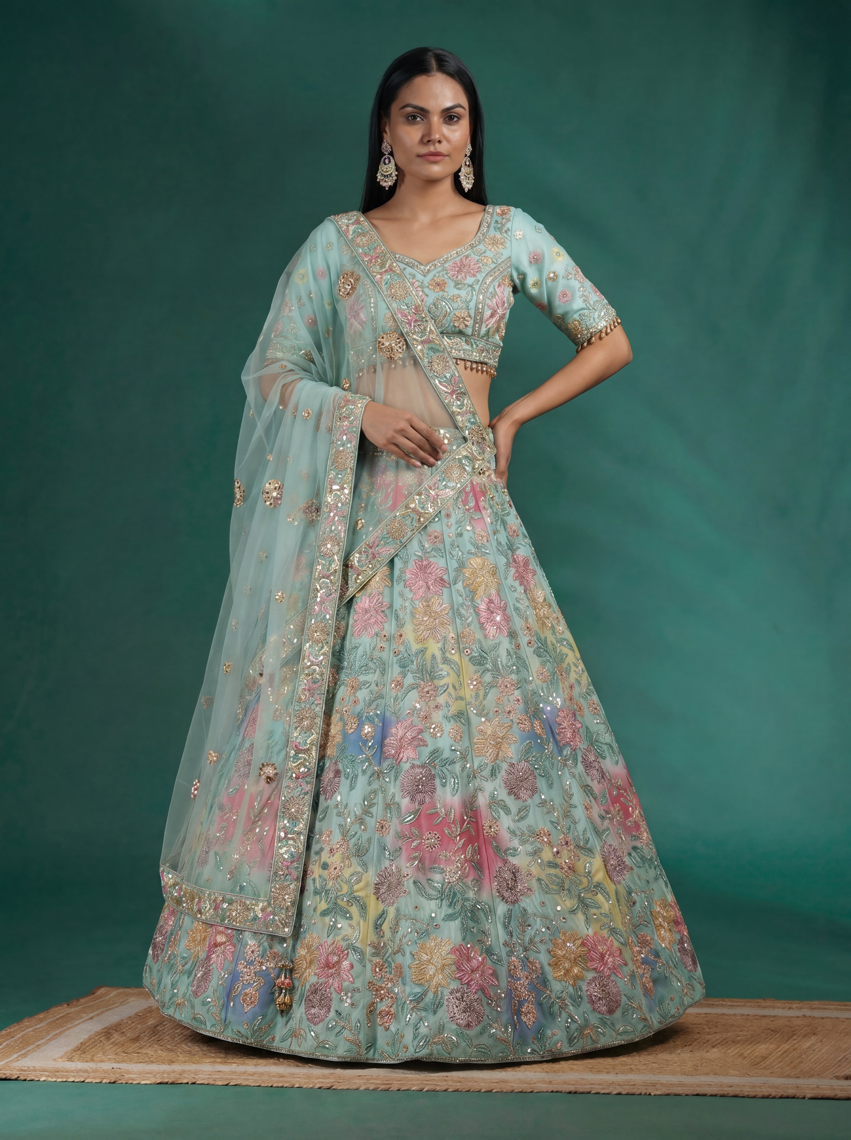 Mint Aqua Viscose Mirror Sequins Wedding Lehenga Choli Set