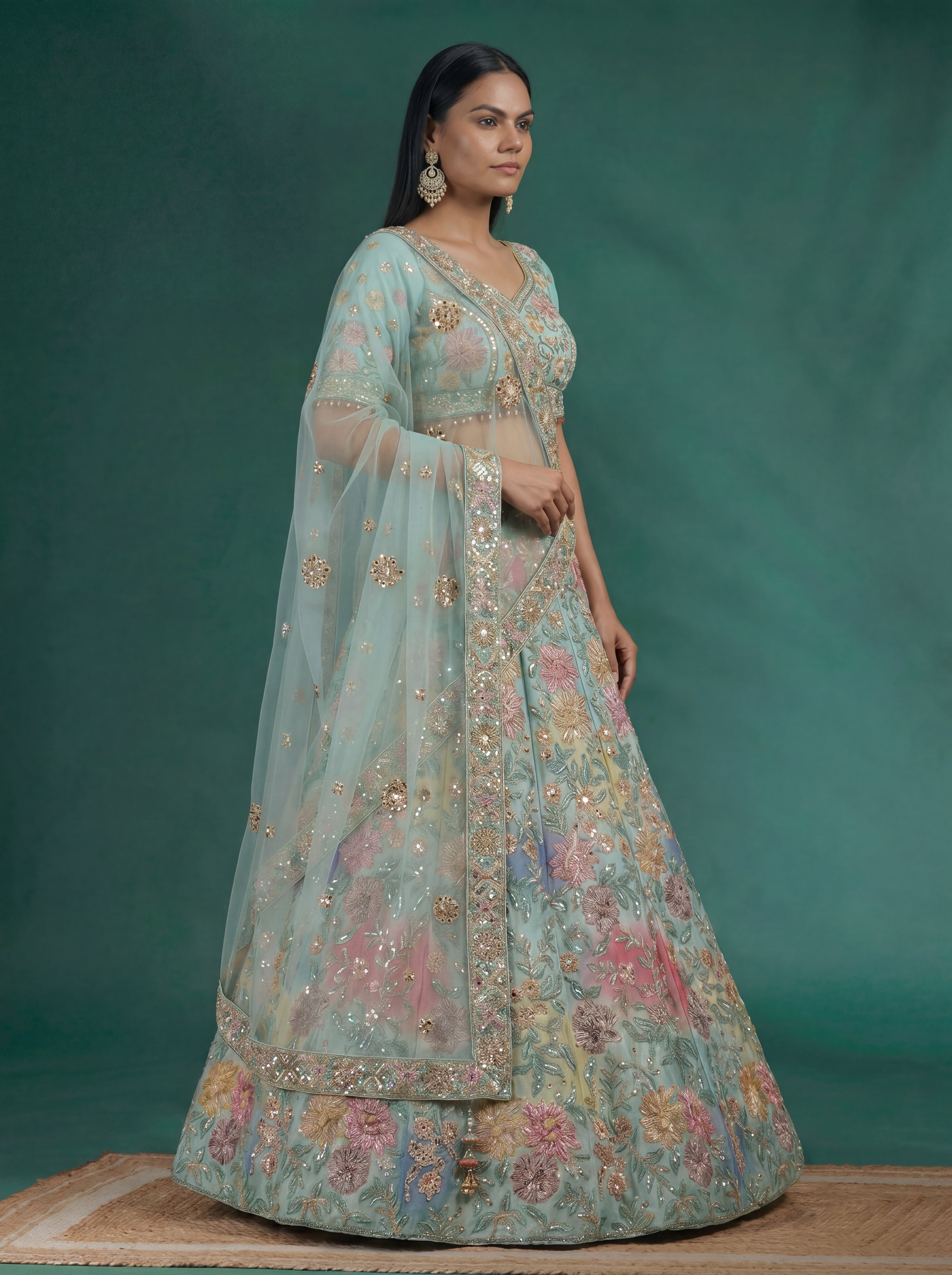 Mint Aqua Viscose Mirror Sequins Wedding Lehenga Choli Set