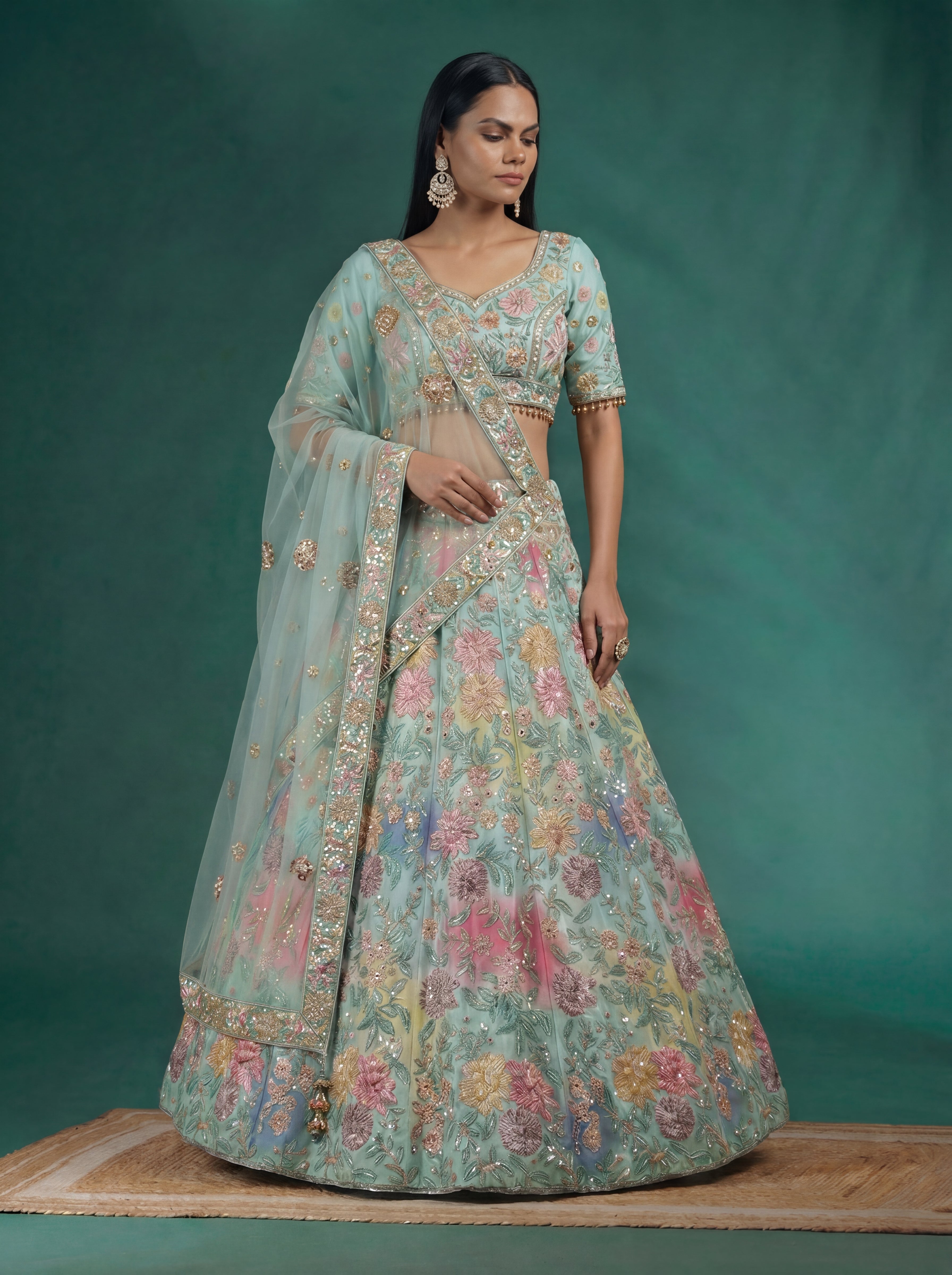 Mint Aqua Viscose Mirror Sequins Wedding Lehenga Choli Set