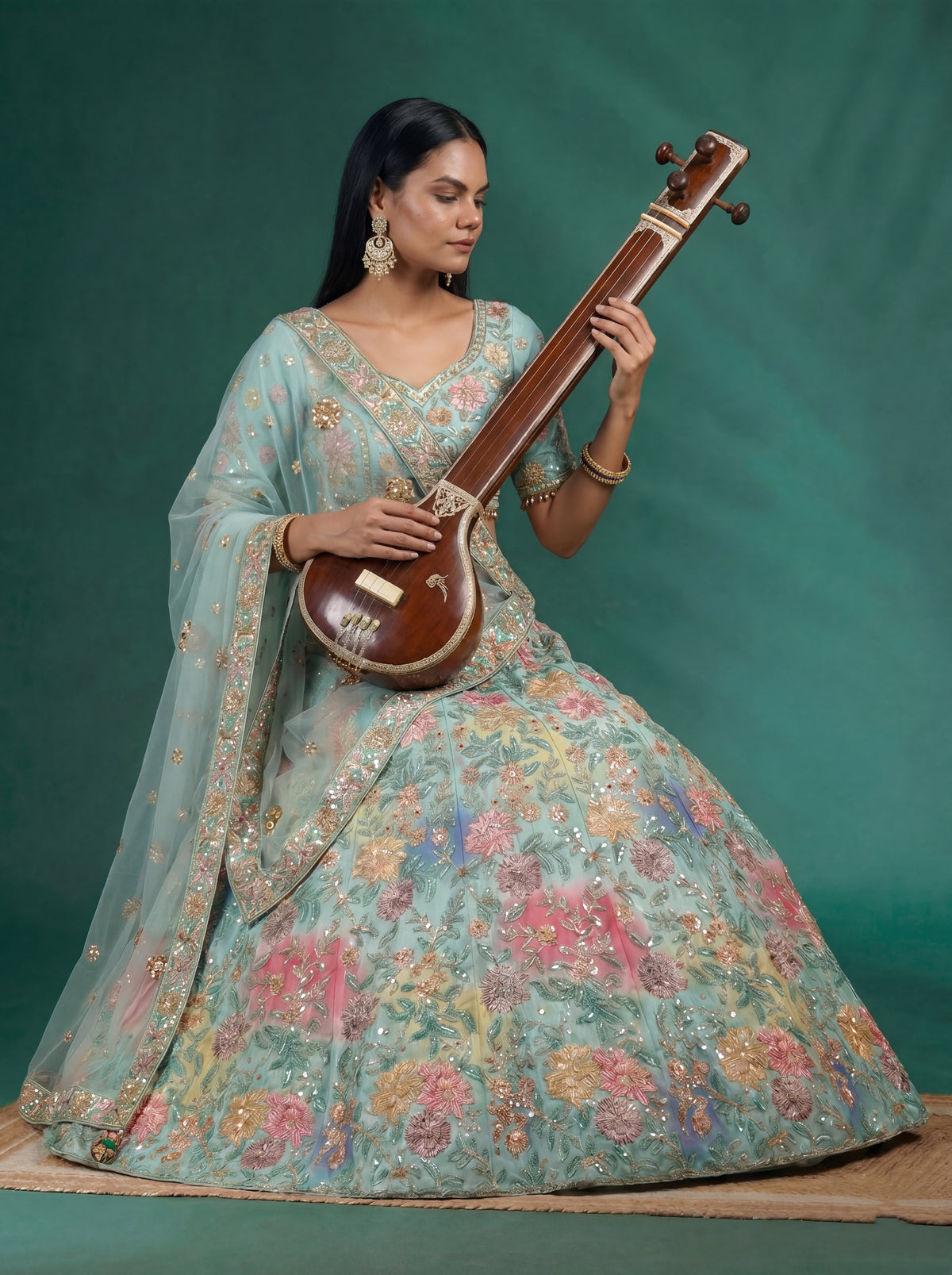 Mint Aqua Viscose Mirror Sequins Wedding Lehenga Choli Set